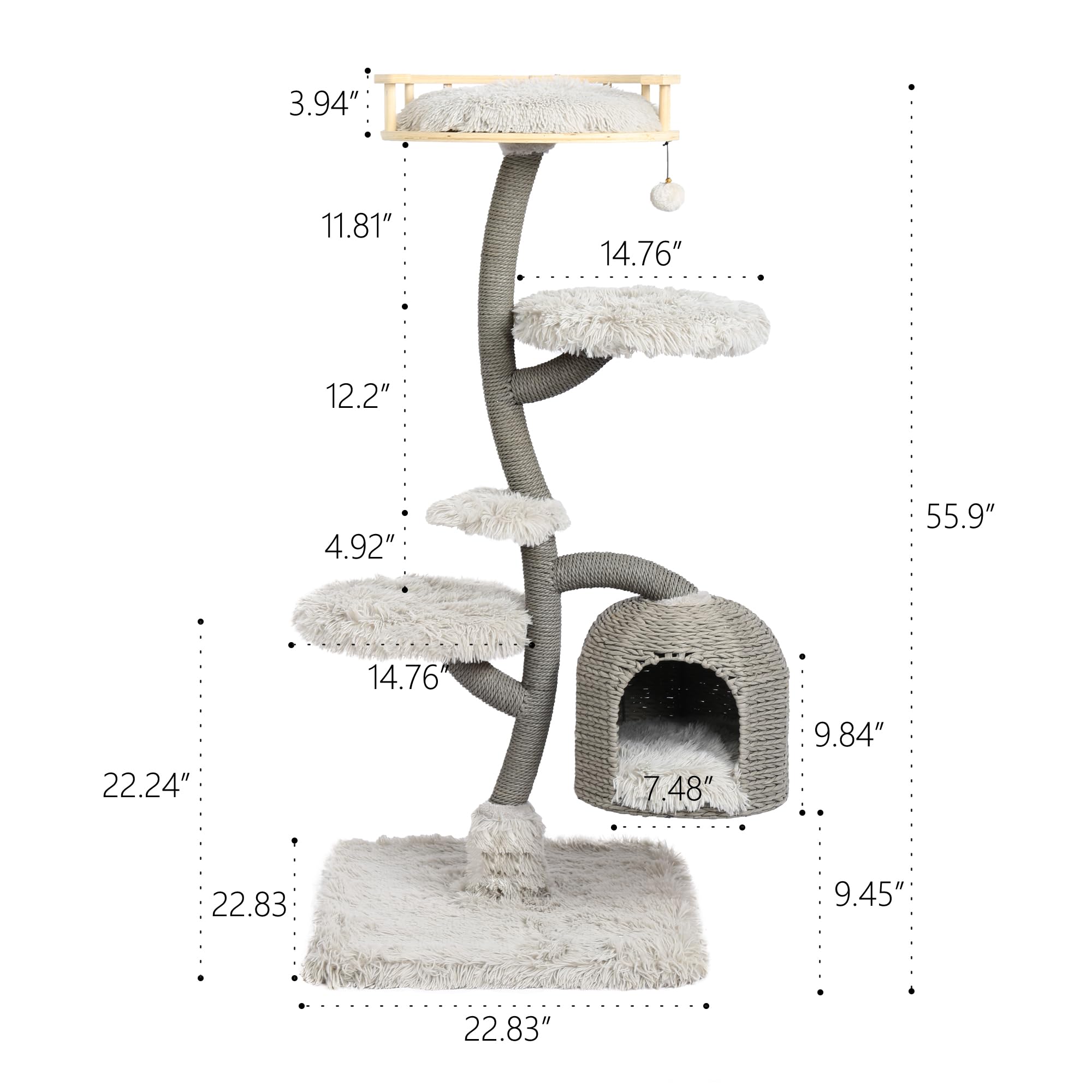 Kamaboko 55.9'' Tall Cat Tree With Birdcage Cat Condo For Large Cats, Modern Cat Tree Tower With Scratching Post, Cat Tower With