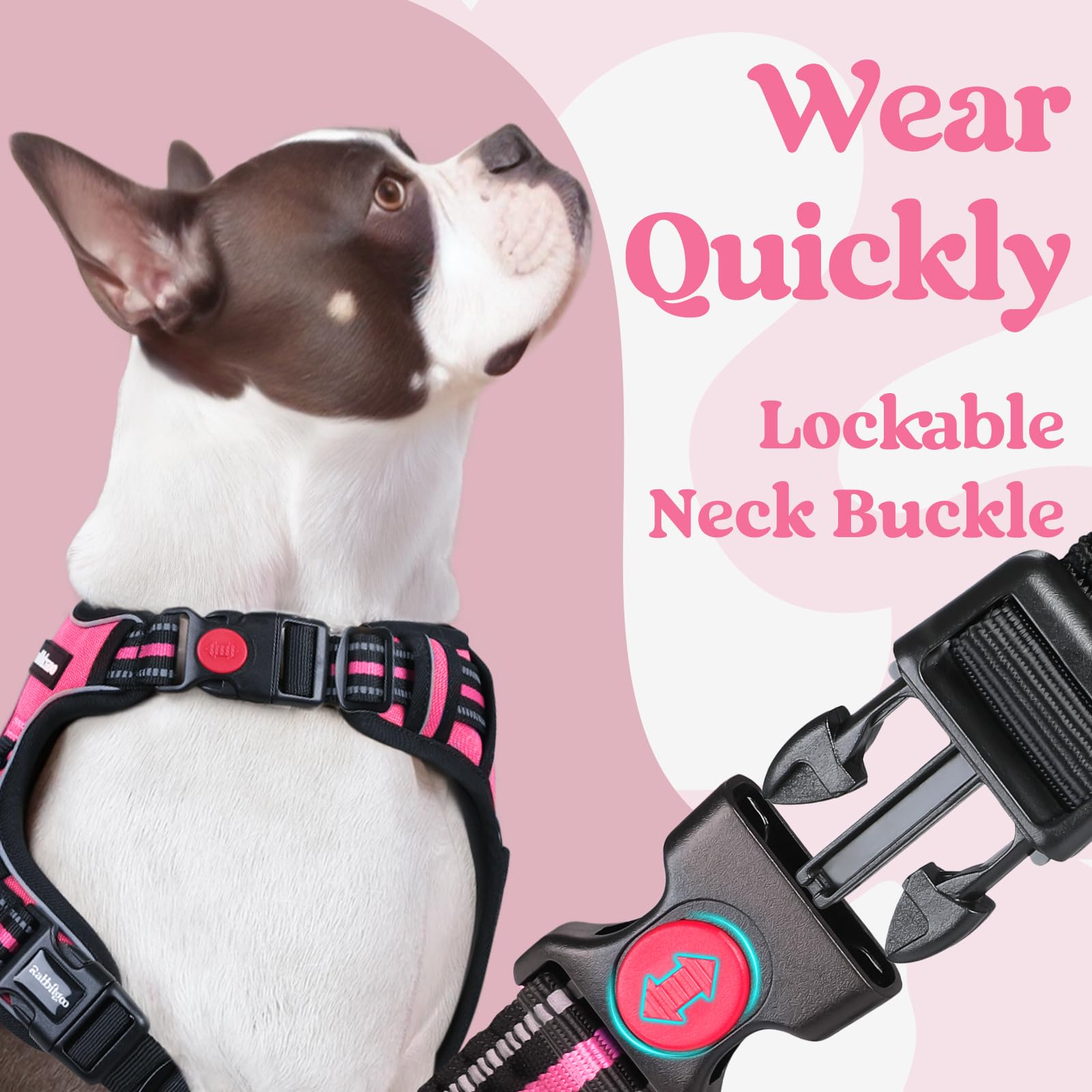 Rabbitgoo Dog Harness For Large, No Pull Pet Harness With 3 Buckles, Adjustable Soft Padded Pooch Vest With Instant Control Handle, Easy Walking Reflective Pet Vest For Large Dogs, Rose Pink, L