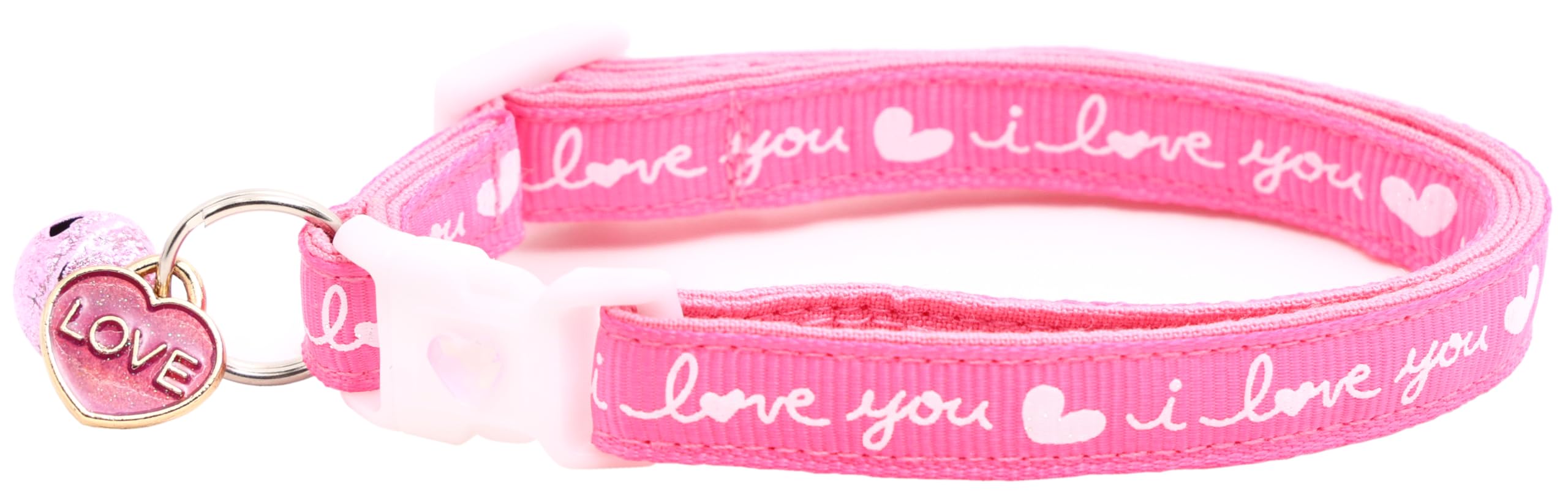 Valentines Day Cat Collar With Bell | Safety Breakaway Collar | Adjustable Large Size Or Kitten Collar (I Love You On Pink, Smal