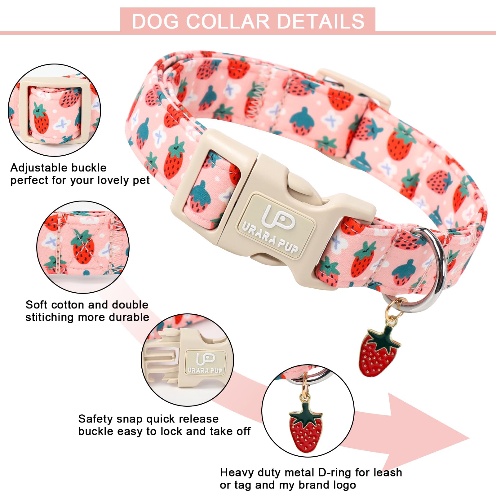 Up Urara Pup Dog Collar-Summer Puppy Collars-Adjustable Strawberry Pet Collar For Small,Medium,Large Dogs-Durable & Cute Design