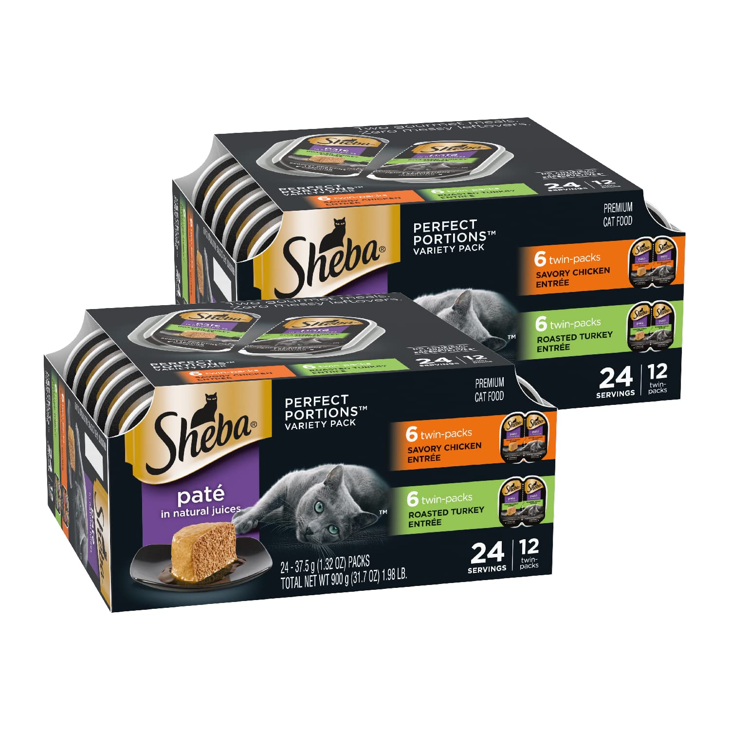 Sheba Perfect Portions Wet Cat Food Pate Savory Chicken Entree and Roasted Turkey Entree Variety Pack, 2.6 oz. Twin Pack Trays (