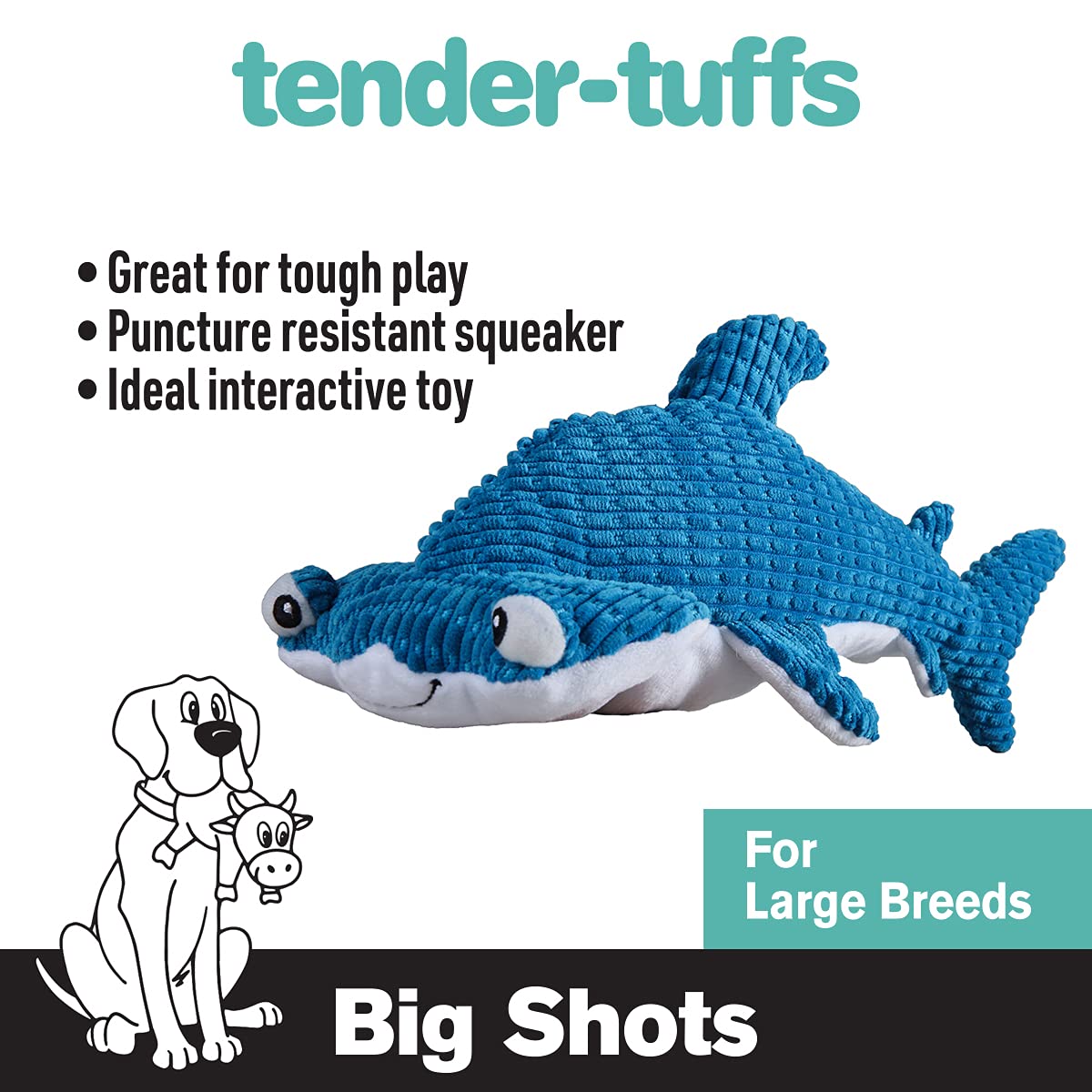 Snuggle Puppy Tender-Tuffs - Large Marine Stuffed Hammerhead Shark Plush Toy for Big Dogs - Puncture Resistant Squeaker