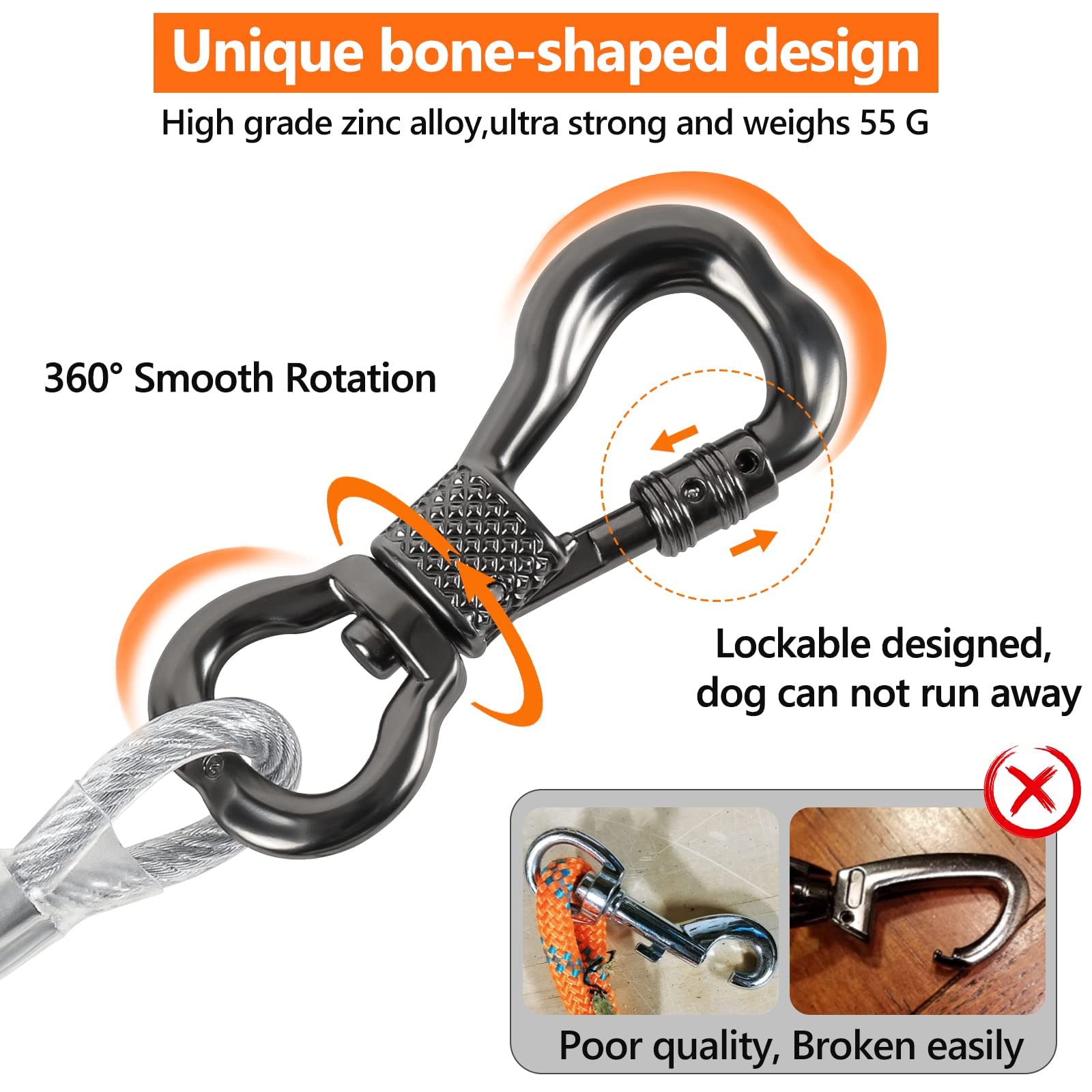 XiaZ Dog Runner Tie Out Cable, 250lbs 15ft, Stainless Steel, Silver, Ideal for Yard, Camping, Park, Outside Use