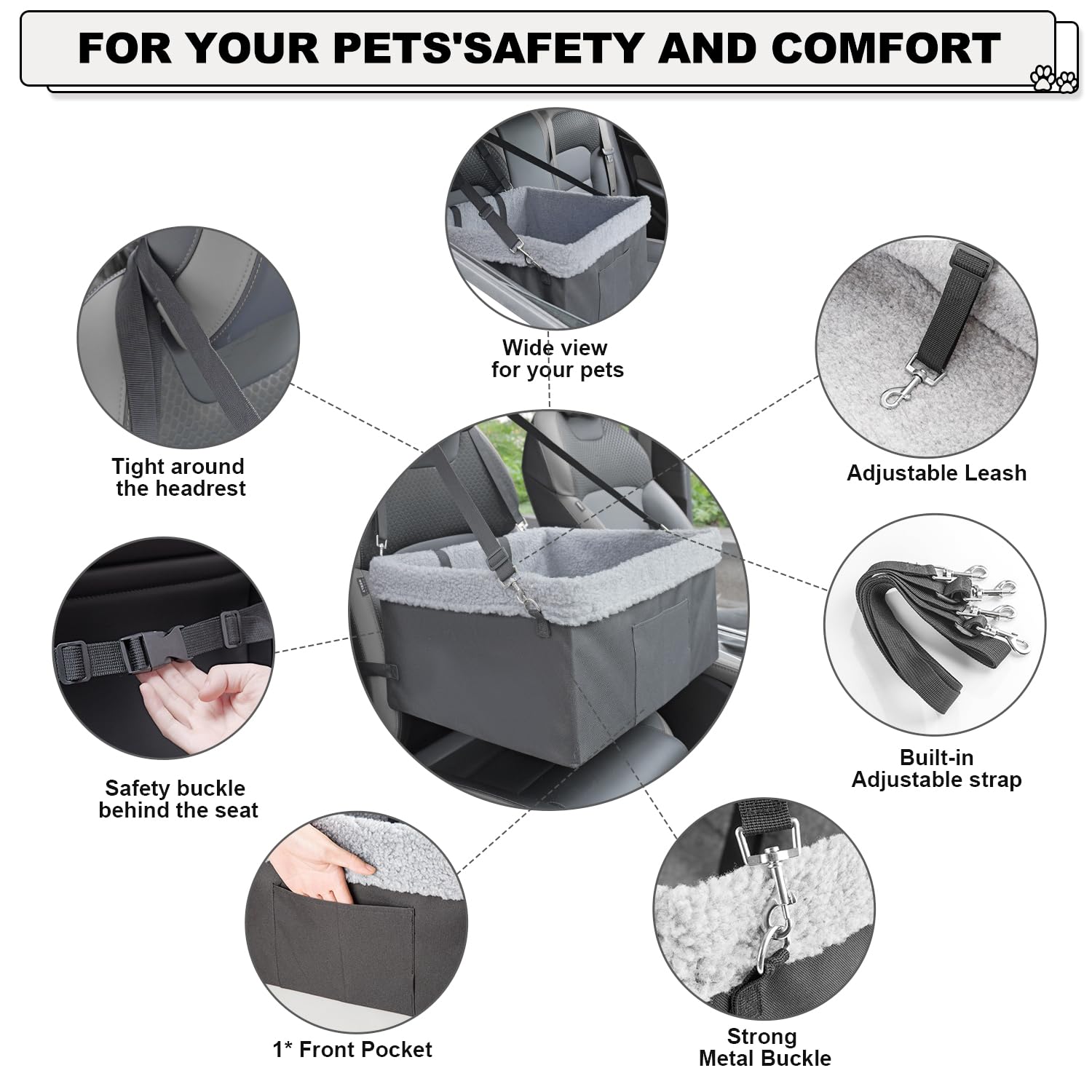 MARSLABO Dog Car Seat for Small Dogs, XL up to 30lbs, Black, Double-Layer Oxford Fabric, Metal Frame Construction