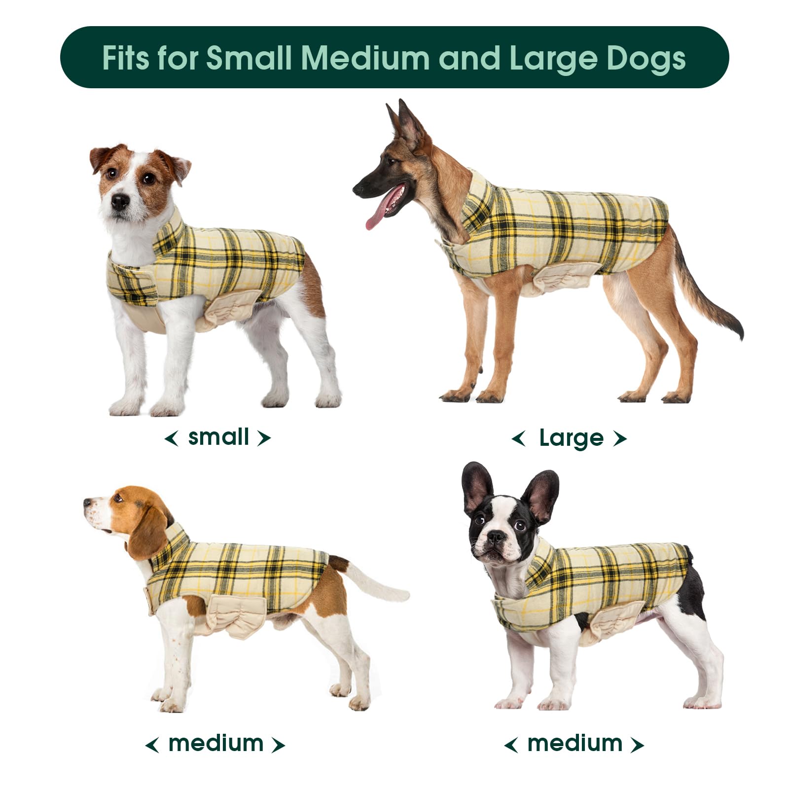 Kuoser Warm Dog Coat, Reversible Dog Jacket Waterproof Dog Winter Coat British Style Plaid Dog Clothes Pet Dog Cold Weather Coats Cozy Snow Jacket Vest For Small Medium Large Dogs Yellow 3Xl