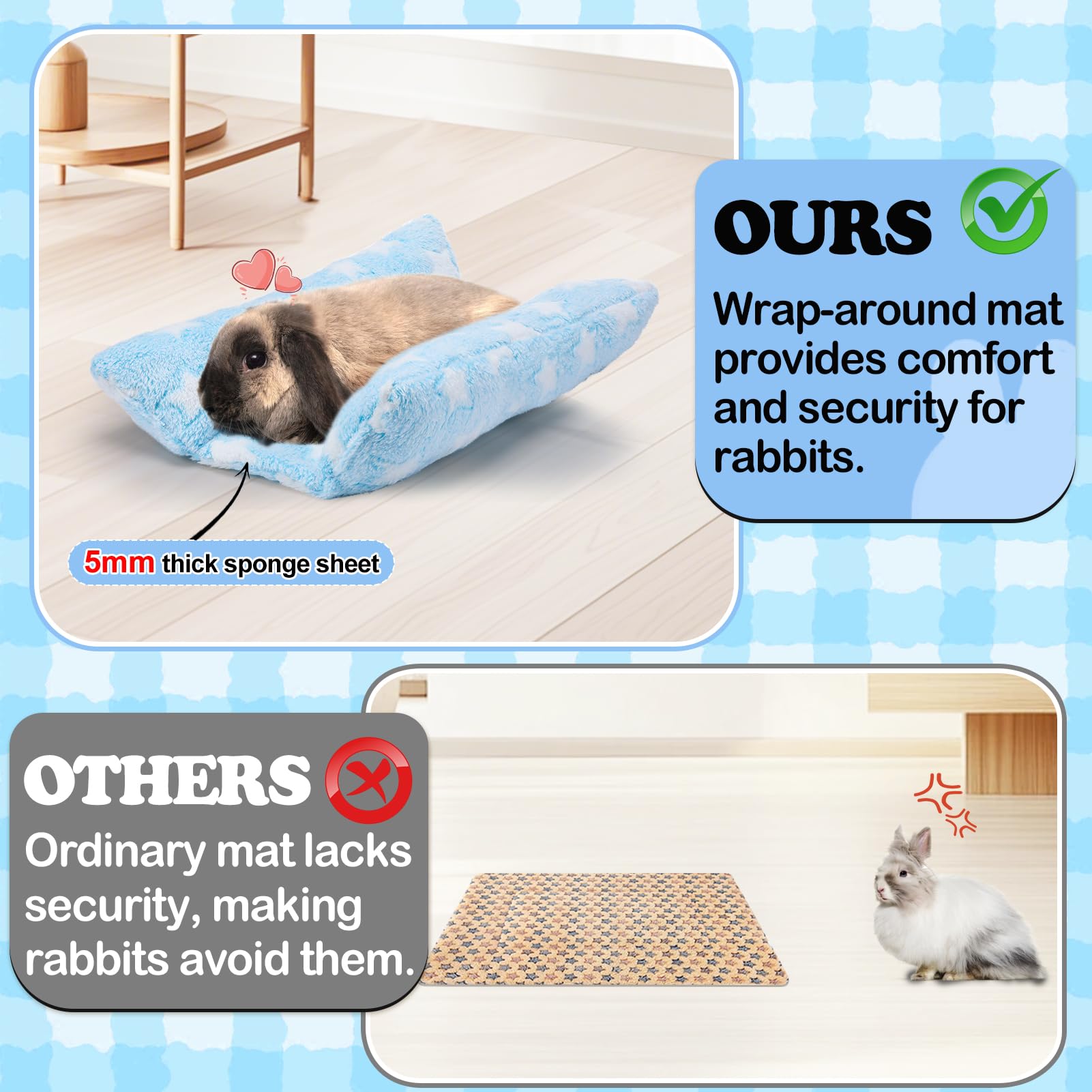 MEWTOGO Bunny Bed - Plush Flop Mat 15.7"x14", Soft Flannelette, Light Blue-Star, Includes Cotton Lounger Pillows, Model MEWTOGO-L-Star