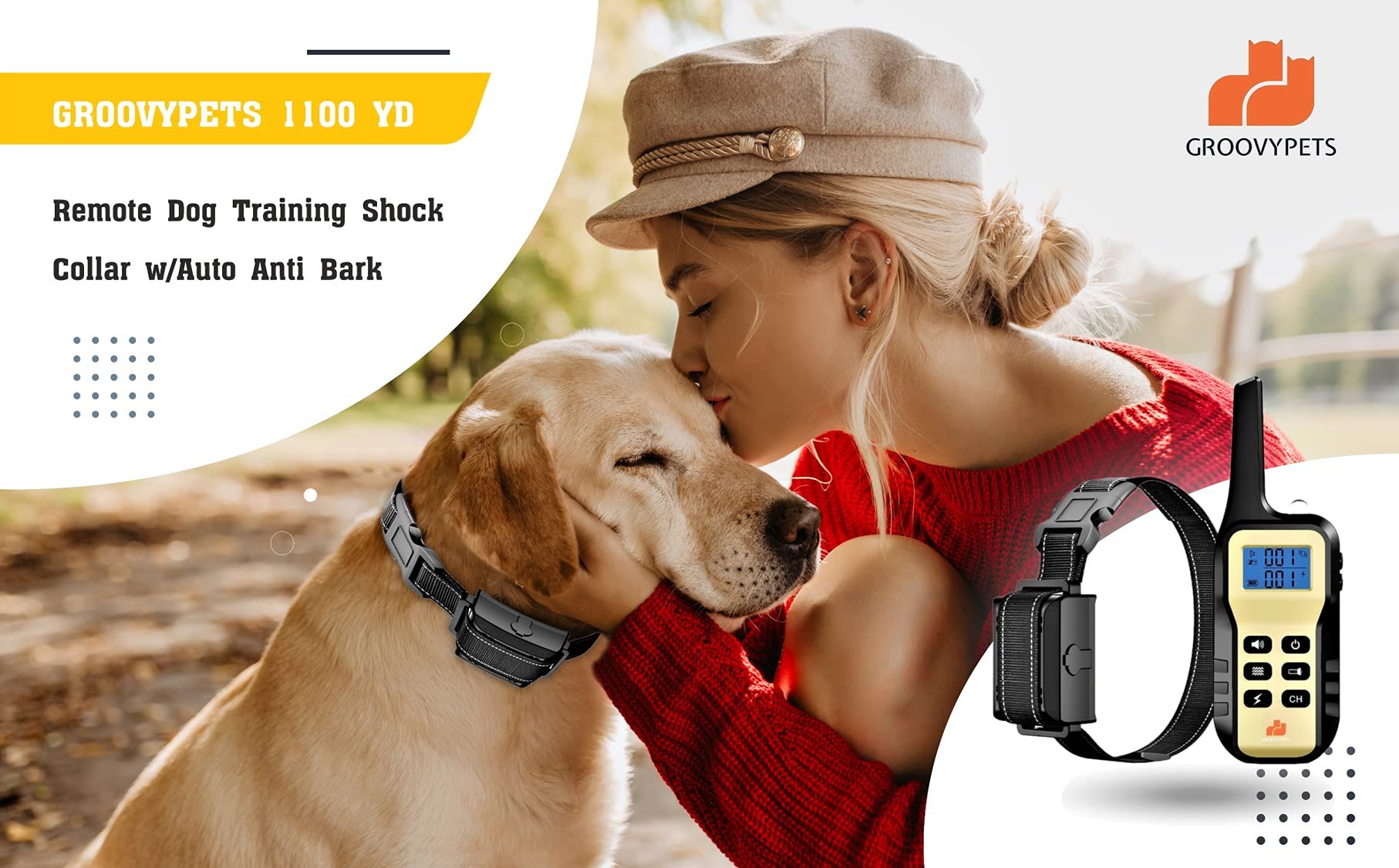 Groovypets 1100 Yd Remote Dog Training Shock Collar With Auto Anti Bark,100 Levels Of Adjustable Static Stimulation And Vibration For Small Medium Large Dogs (2-Dog Set)