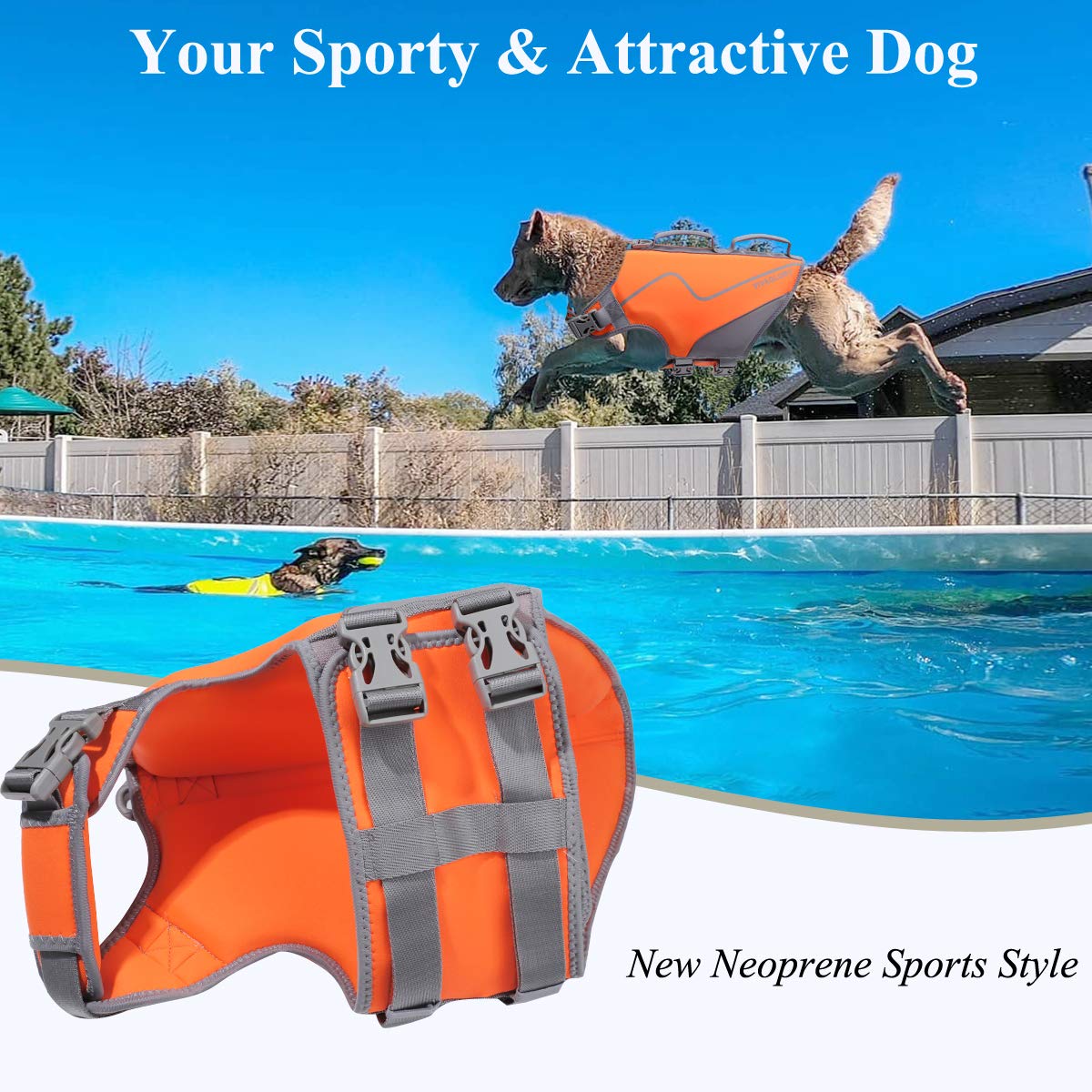 Vivaglory Neoprene Dog Life Jacket Dog Swim Vest For Boating Hunting & Swimming, Lightweight With Leash Ring, L, Orange