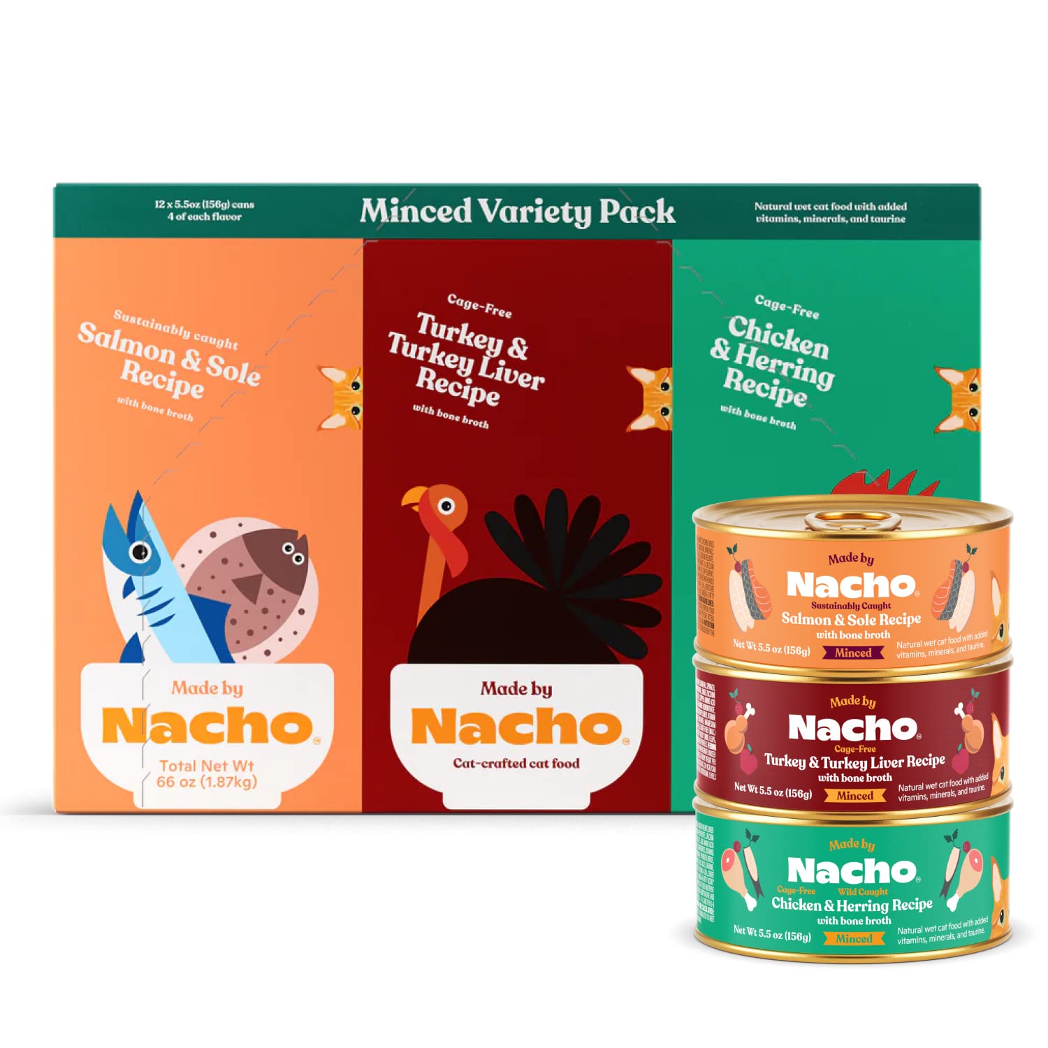Made by Nacho Premium Minced Wet Canned Cat Food with Hydrating Bone Broth 5.5oz (12 Packs) (Variety Pack (Turkey & Turkey Liver