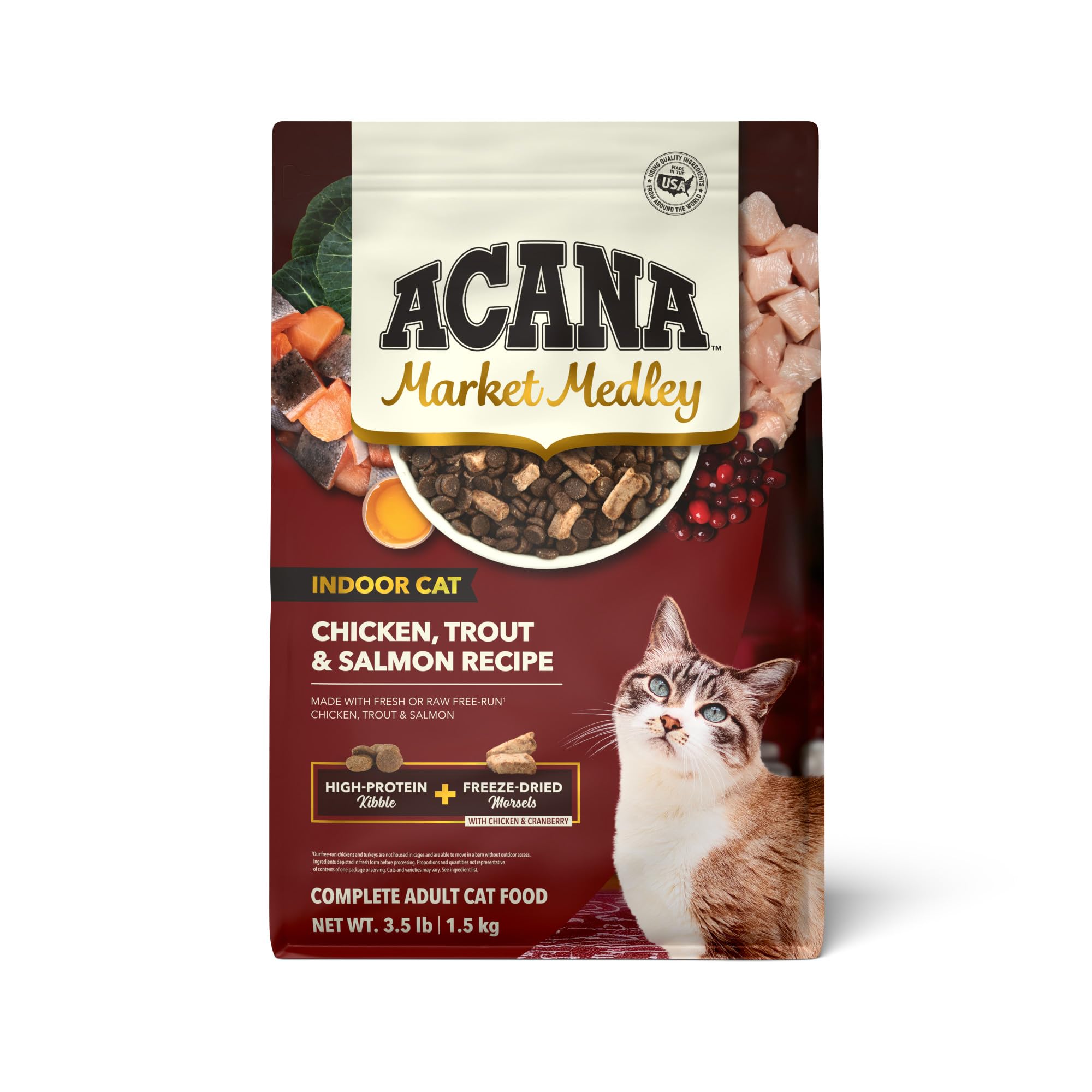 ACANA Market Medley Indoor Cat Adult Cat Food, Chicken, Trout & Salmon Recipe with Freeze-Dried Morsels Made with Chicken & Cran
