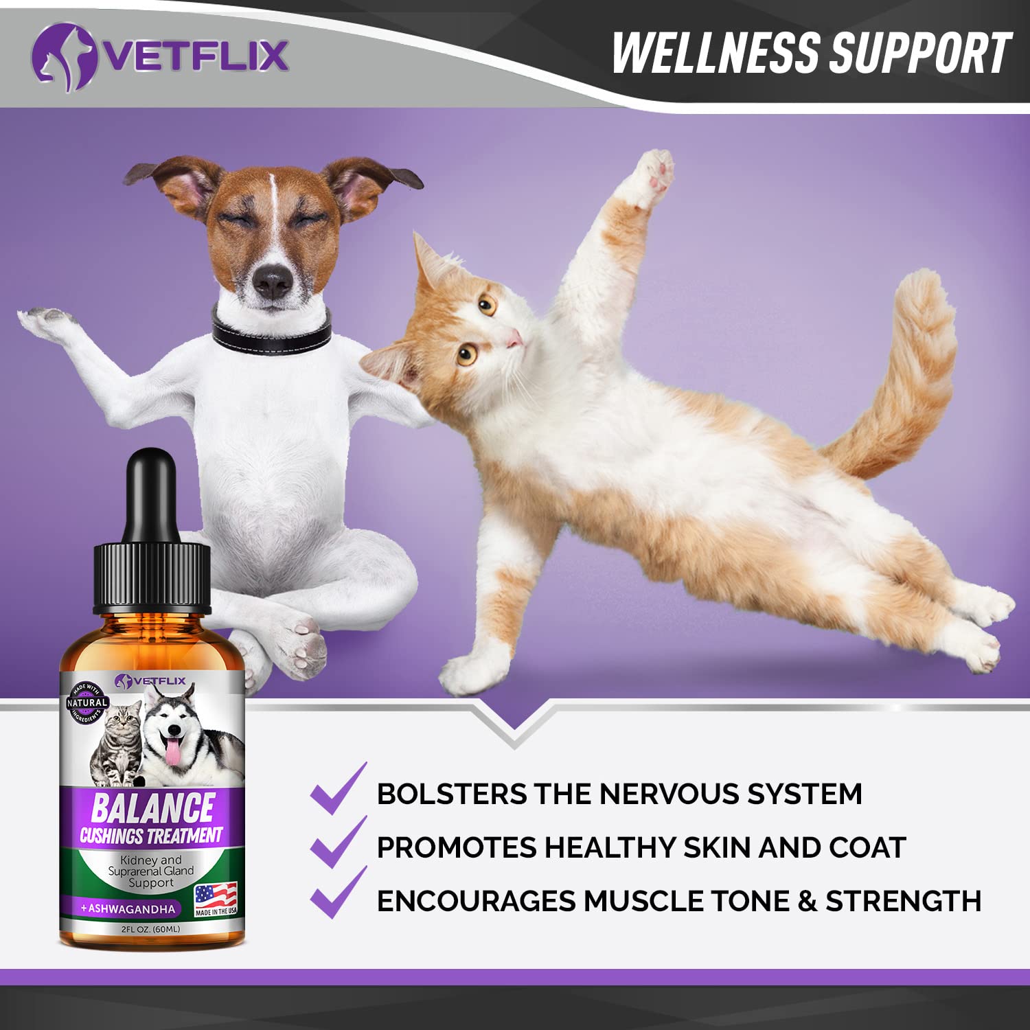 Pet Adrenal Support for Dogs & Cats - Made in USA - Cushings Treatment for Dogs - Cat & Dog Supplement for Kidney Support