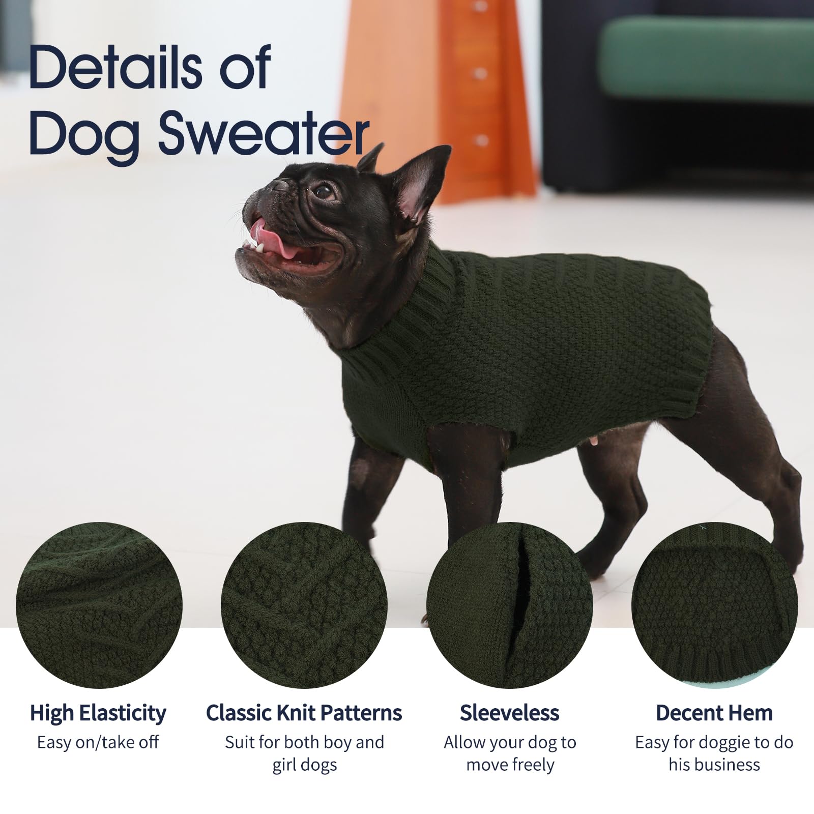 Iecoii Large Dog Sweater - Warm Army-Green Sleeveless Pullover For French Bulldog & Other Large Breeds - Winter & Fall Coat