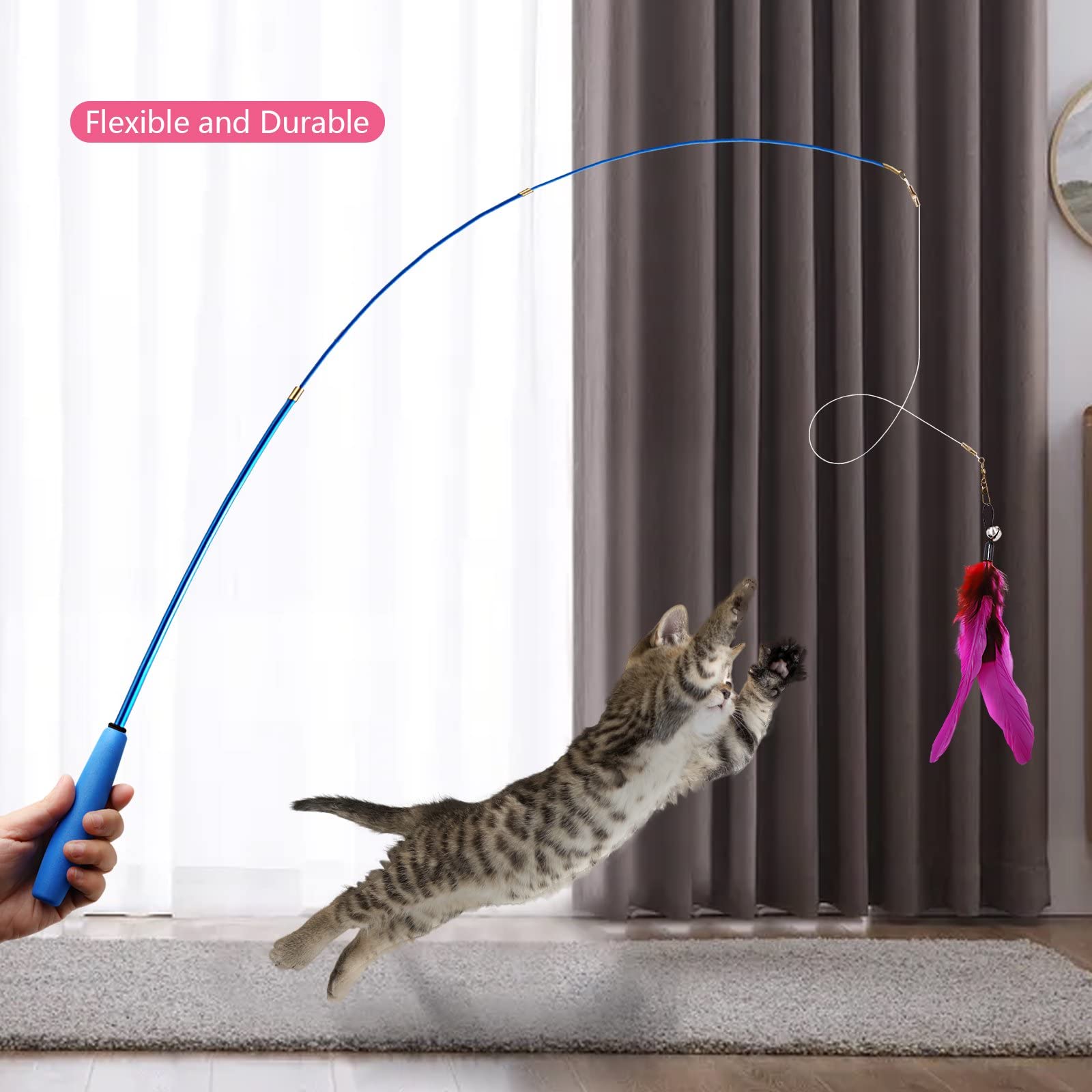 12Pcs Interactive Kitten Toys, Retractable Indoor Cat Wand Toys With Replacement Teaser, Rainbow Ribbon And Make Exercise By Sun