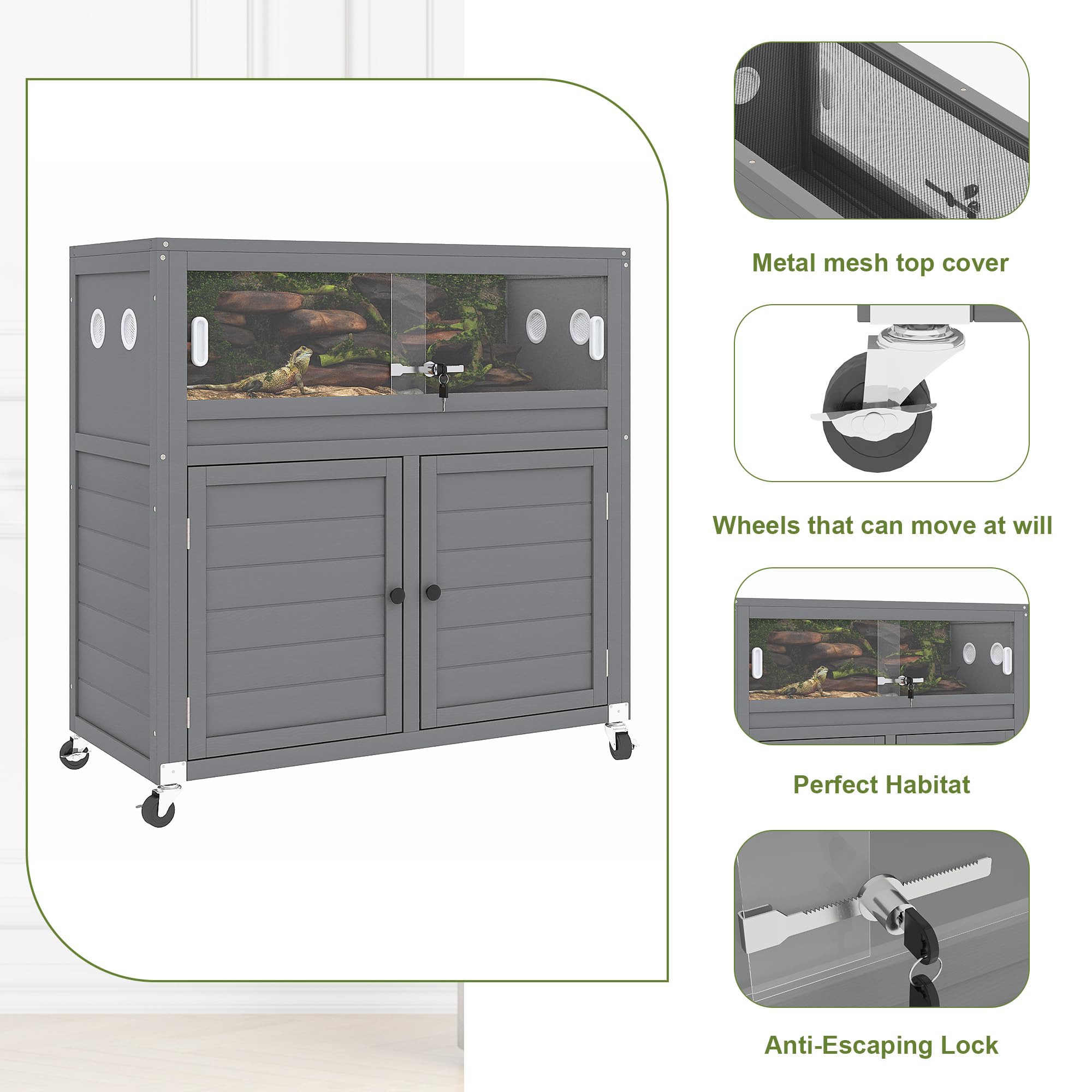 NEOCOZY 30 Gallon Reptile Tank with Storage Cabinet and Stand,Solid Wood Reptile Enclosure with Safe Lock and Universal Wheels,I