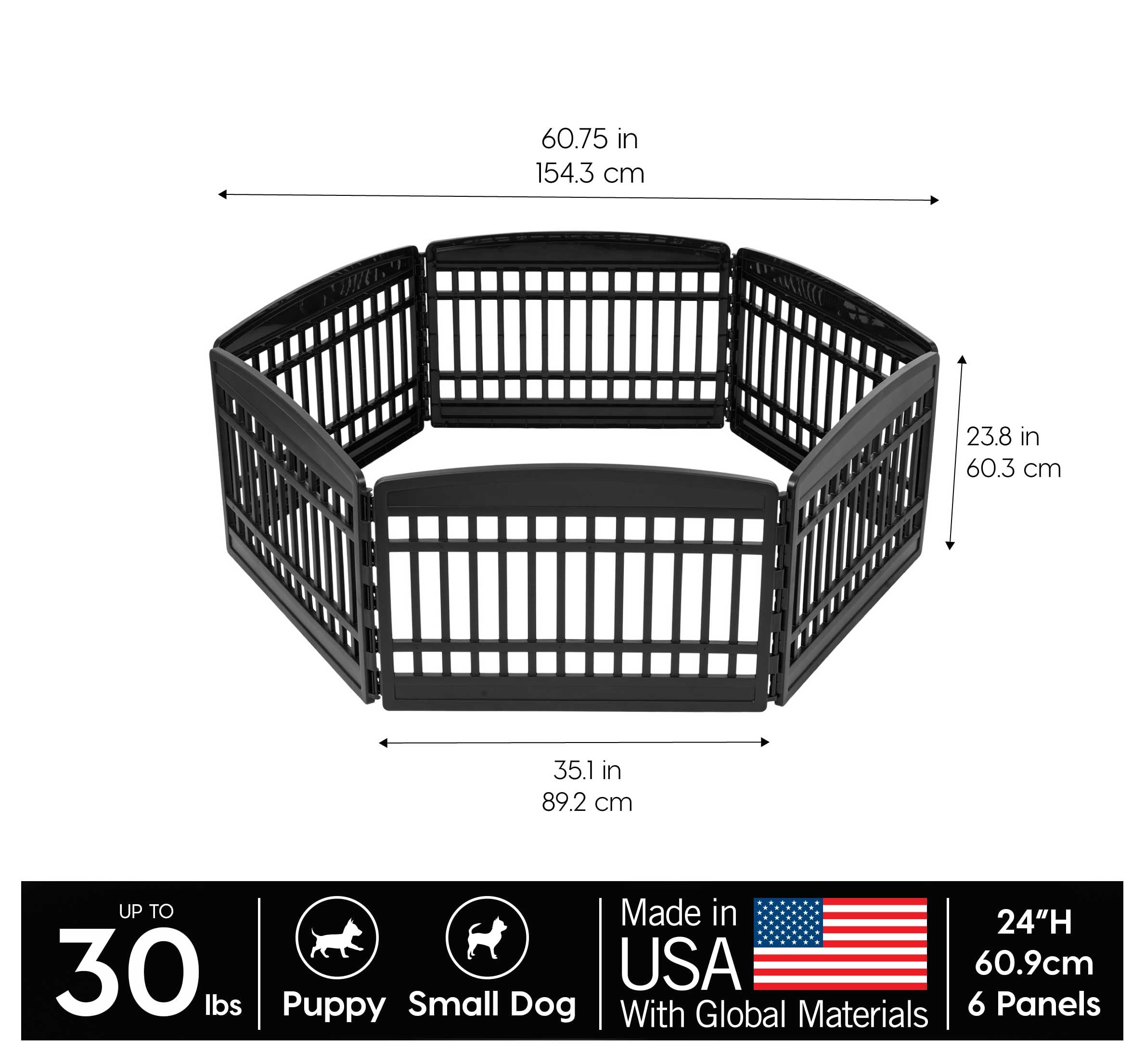 Iris Usa Dog Playpen, 6-Panel 24' Pet Playpen, Puppy Playpen, Indoor/Outdoor Dog Pen, 60 X 60 X 24, Foldable, Customizable, Black