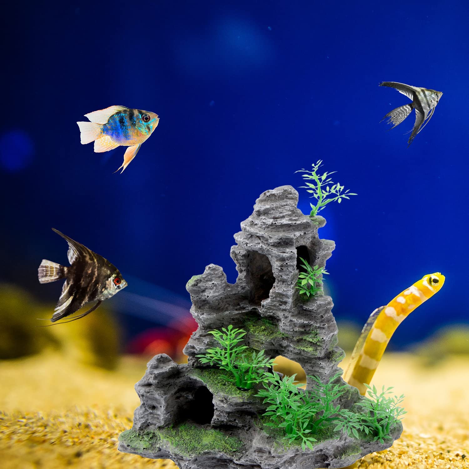 Saim Aquarium Mountain View Stone Ornament, Artificial Mountain Hill View Stone Rock Cave Aquarium Decorations Fish Tank Decor For Betta Cichlids Hideaway Cave, Hermit Crab Hideout - Large