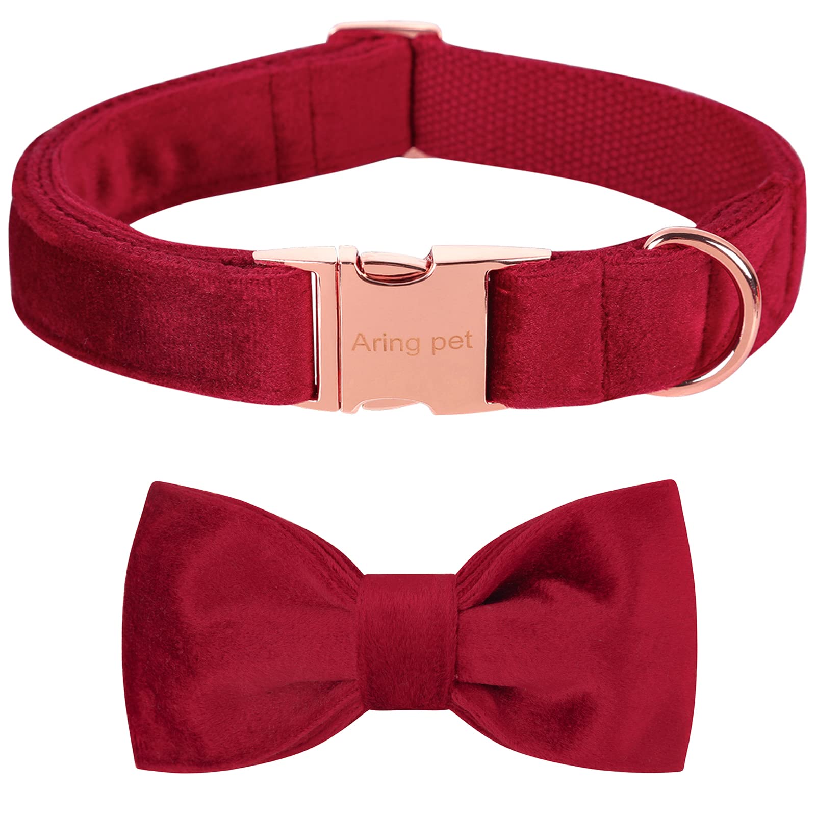 ARING PET Velvet Dog Collar-Soft Bowtie Dog Collars with Metal Buckle, Cute&Comfortable Christmas Red Dog Collar with Bow for Sm