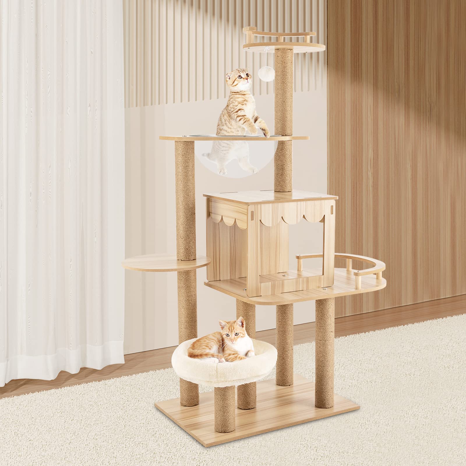 Cat Furniture, Modern Cat Tree, Modern Wood Cat Tower Tree, Wood Color Cat Tree Branch For Cat(52Inch)