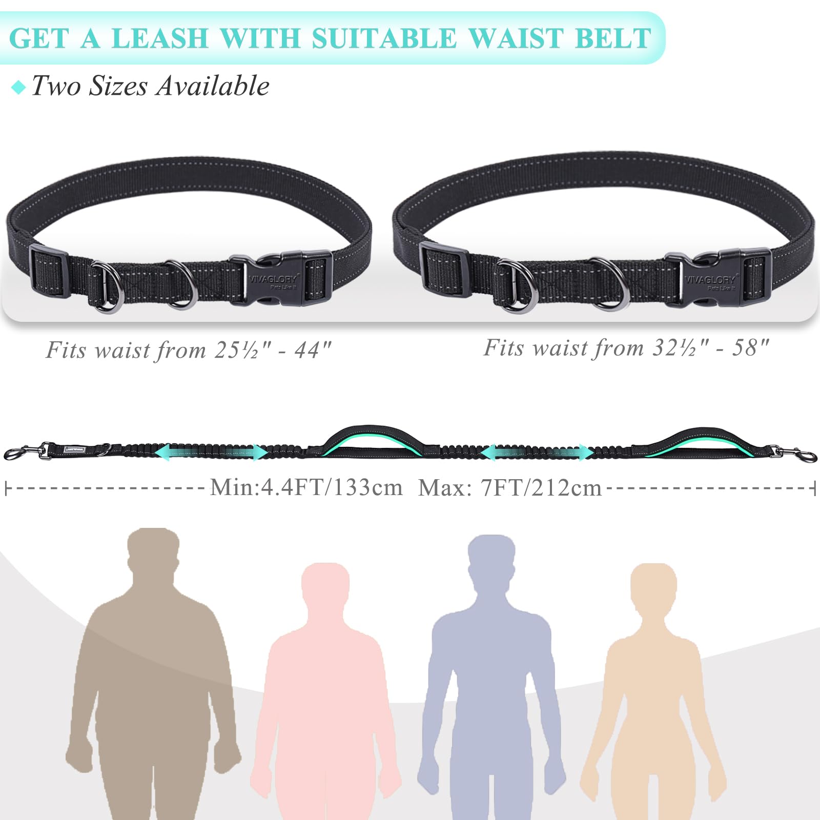 Vivaglory Hands Free Dog Leash With Dual Advanced Anti-Shock Bungees And Padded Handles, Reflective Waist Running Leash With Adjustable Belt For Medium Large Dogs, Black/Turquoise