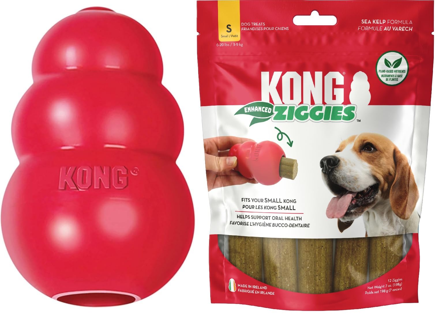 KONG Classic Toy & Enhanced Ziggies Treats Combo Pack - Durable Chew Toy for Dogs - with Enhanced Ziggies Treats - Dog Accessori
