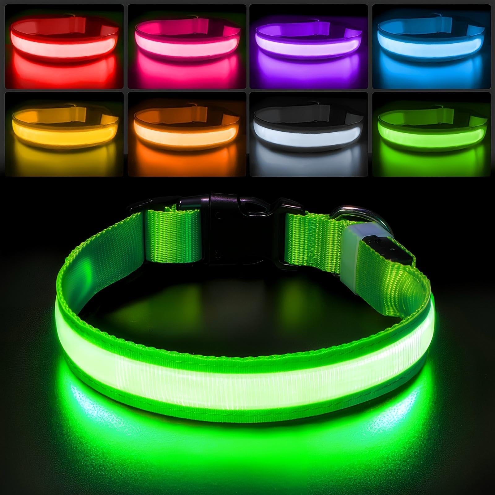PcEoTllar LED Light Up Dog Collar - Rechargeable, Color Changing, Waterproof, L(19-23.6 inch), Green, Model DC5200RGB
