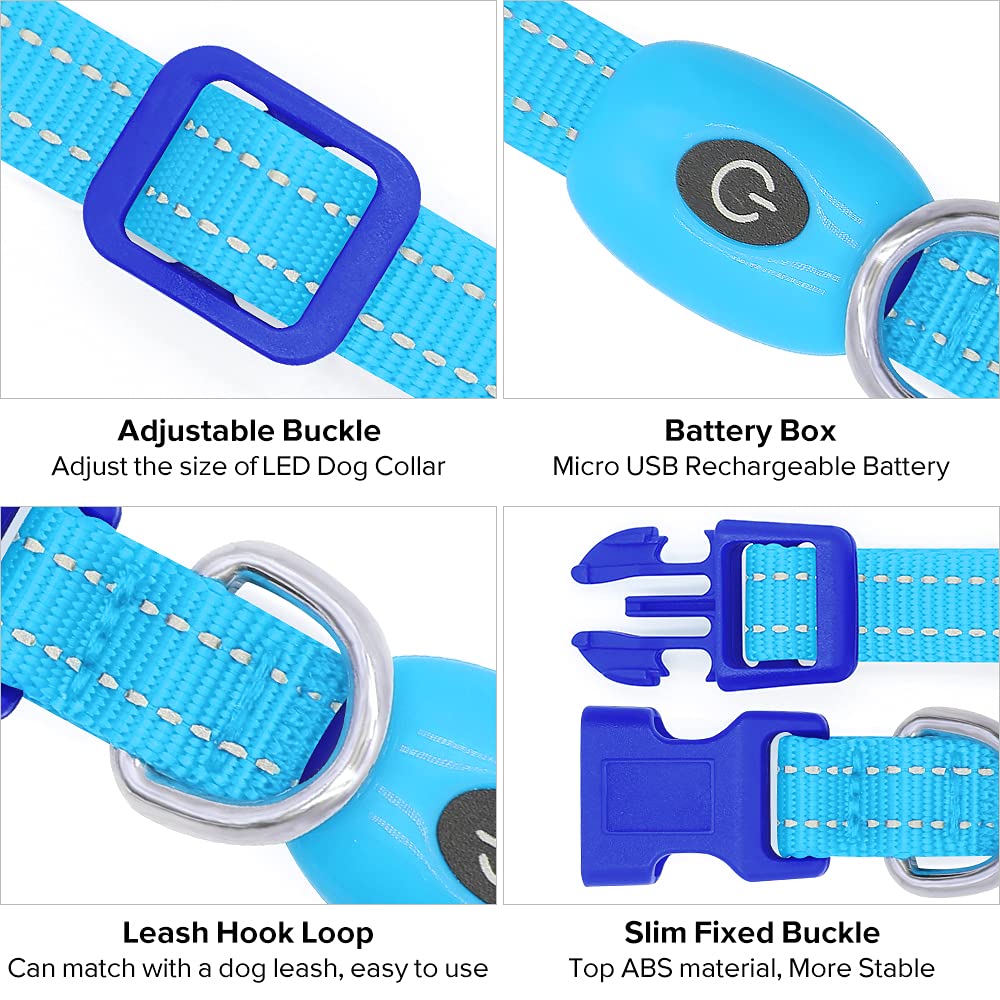 Illumifun Led Collar For Small Dog, Usb Rechargeable Dog Safety Collar Light, Adjustable Nylon Webbing Light Up Collar For Your Pups (Blue, X-Small)