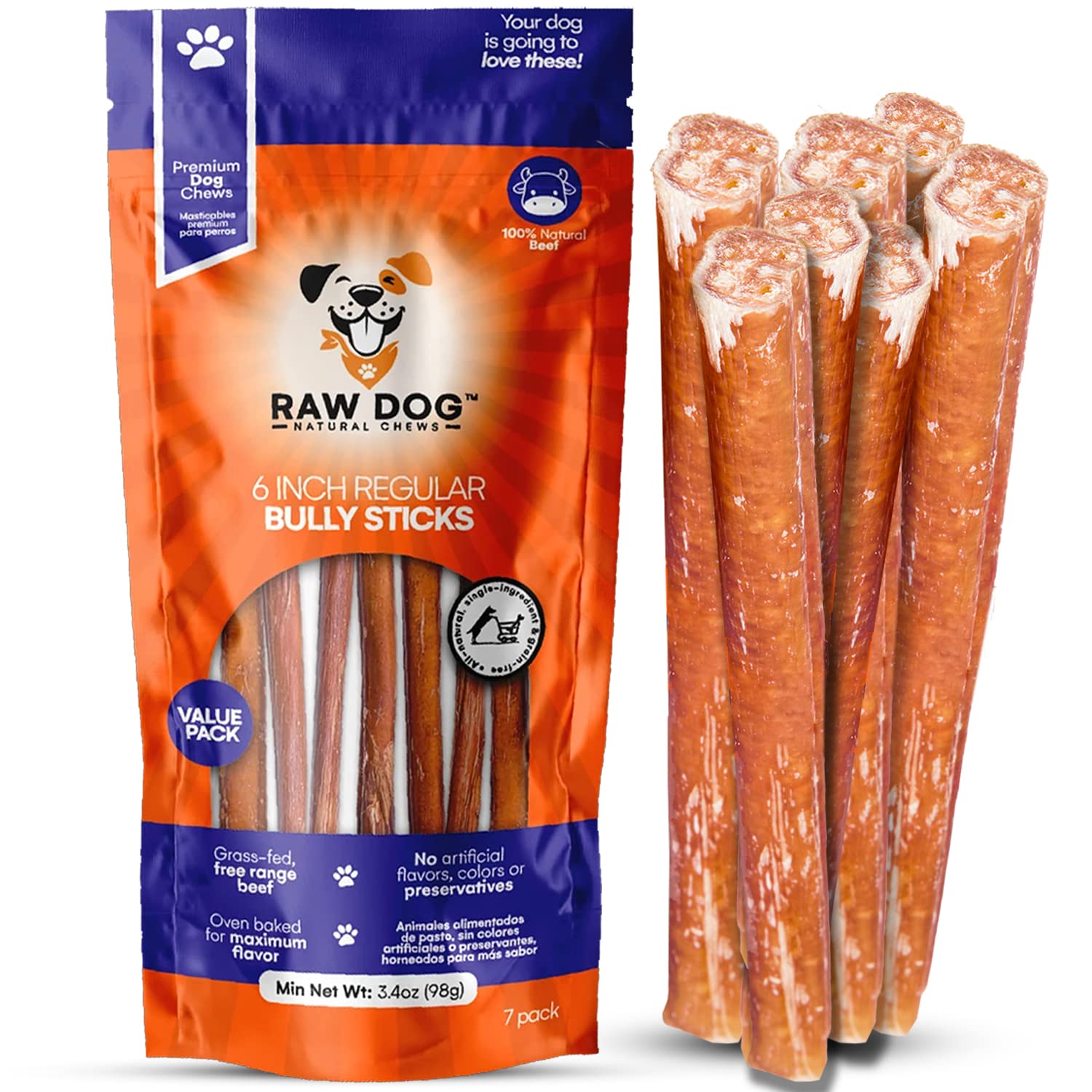 Raw Dog Bully Sticks All-Natural Dog Treats, 6IN Regular Size, 7pk - Premium Odor Free Dog Chews, 100% Beef, Grass Fed, Non-GMO