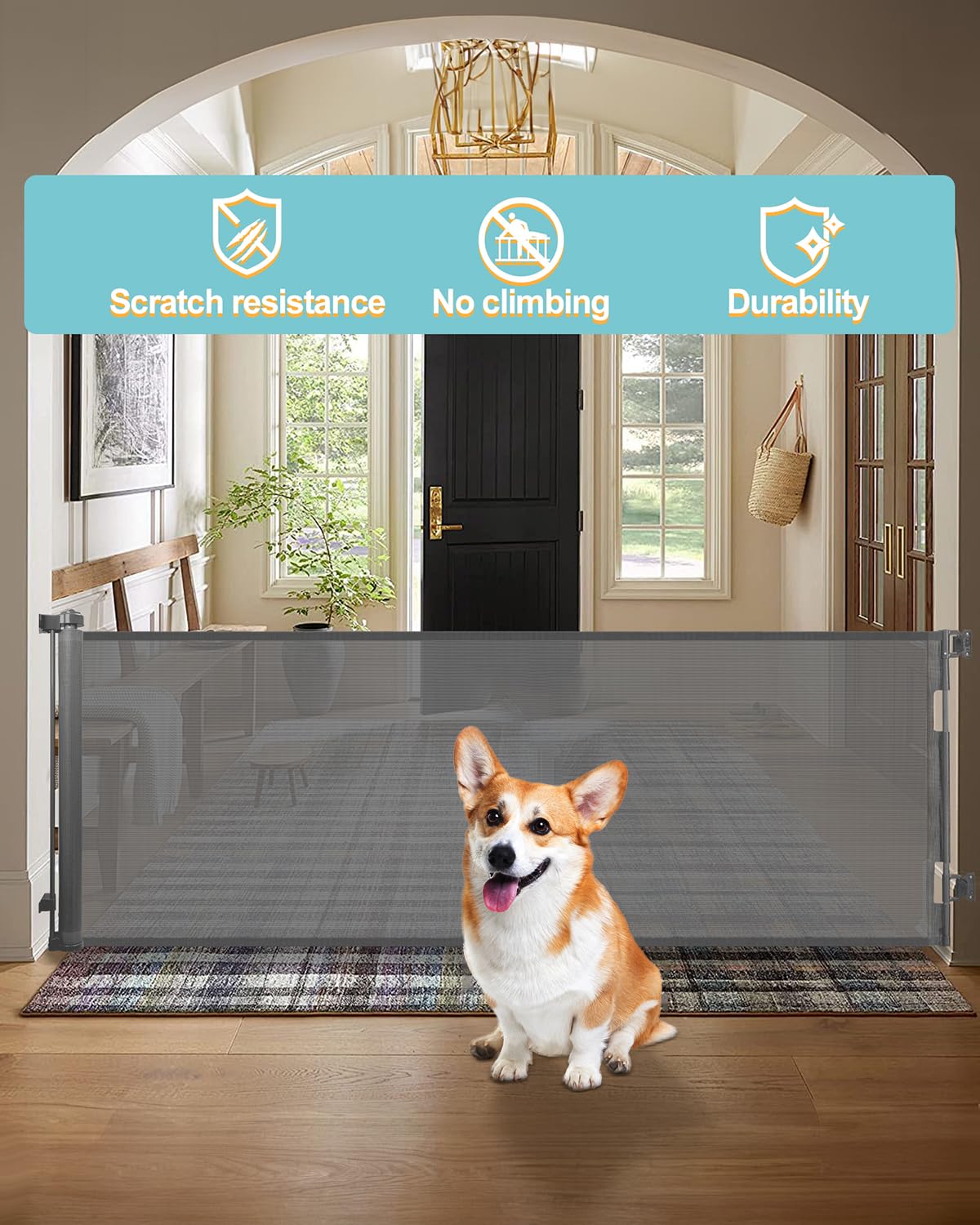 Retractable Baby Gate for Stairs - 33    Height, Expands up to 118    Width - Safety Gate for Infants, Toddlers, Dogs & Pets - E