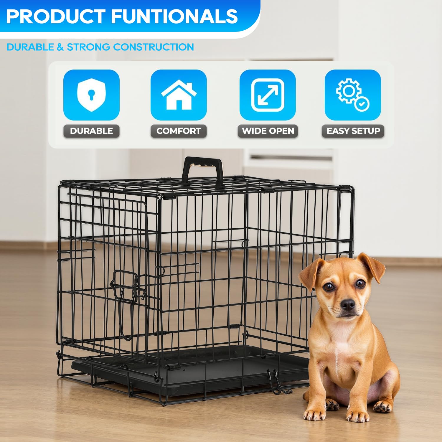 FDW Dog Crate for Small Dogs 18 Inch Folding Metal Wire Pet Cage Single Door W/Divider Panel Indoor Outdoor Kennel Leak-Proof Pl