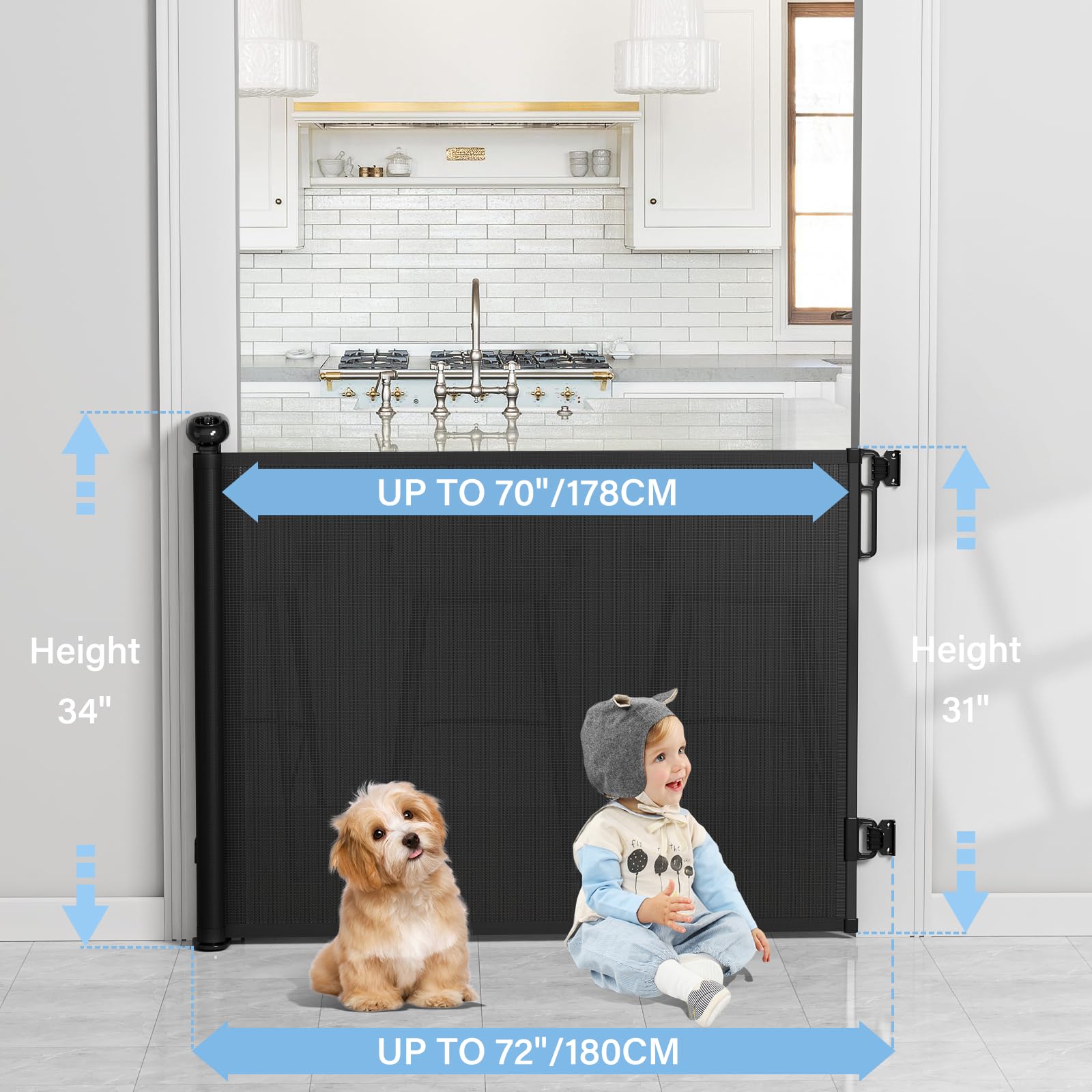 PRObebi Retractable Baby & Dog Gate - Extends to 72 Wide, 34 Tall, for Stairs, Doorways, Hallways, Outdoor, Deck, Porch