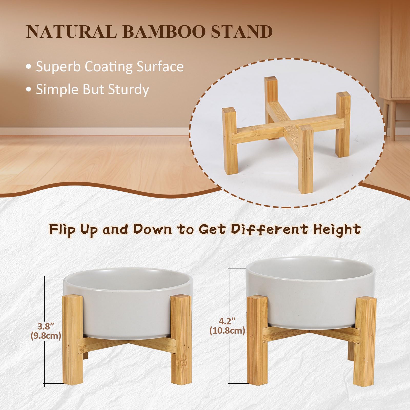 Elevated Ceramic Cat Bowl - Cat Food Bowl with Bamboo Stand - Raised Dog Dish for Puppies - Anti Vomiting, Stress Free - 13.5 oz
