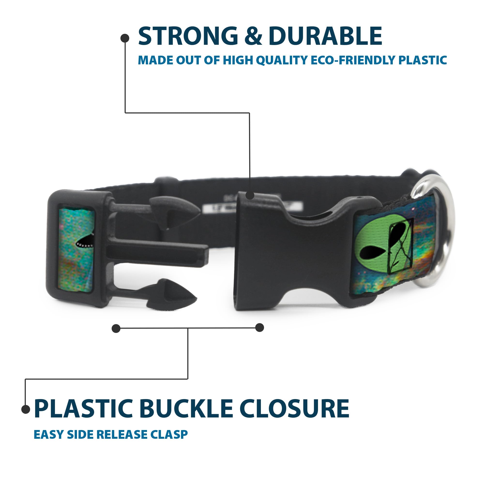 Buckle-Down Pc-W30163-L Aliens & Ufo'S Galaxy/Green/Black/White Plastic Clip Collar, Large/15-26'