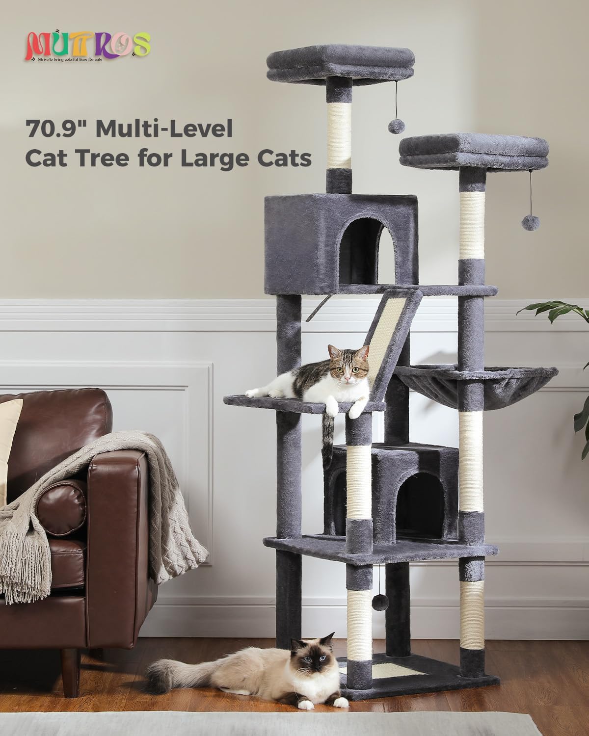 Muttros Tall Cat Tree 70.9''- Cat Tower With 6 Scratching Posts, Multi-Level Cat Climbing Tower With 2 Cat Condo, 2 Scratching B