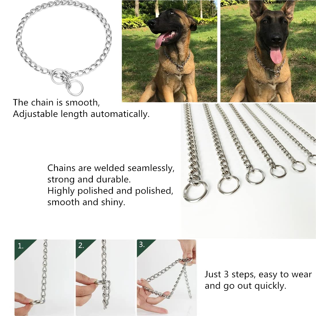 Puroayet Strong Chain Dog Collar, Stainless Steel Metal Link Dog Silp Collars For Training Walking, Waterproof, Arnish Resistant
