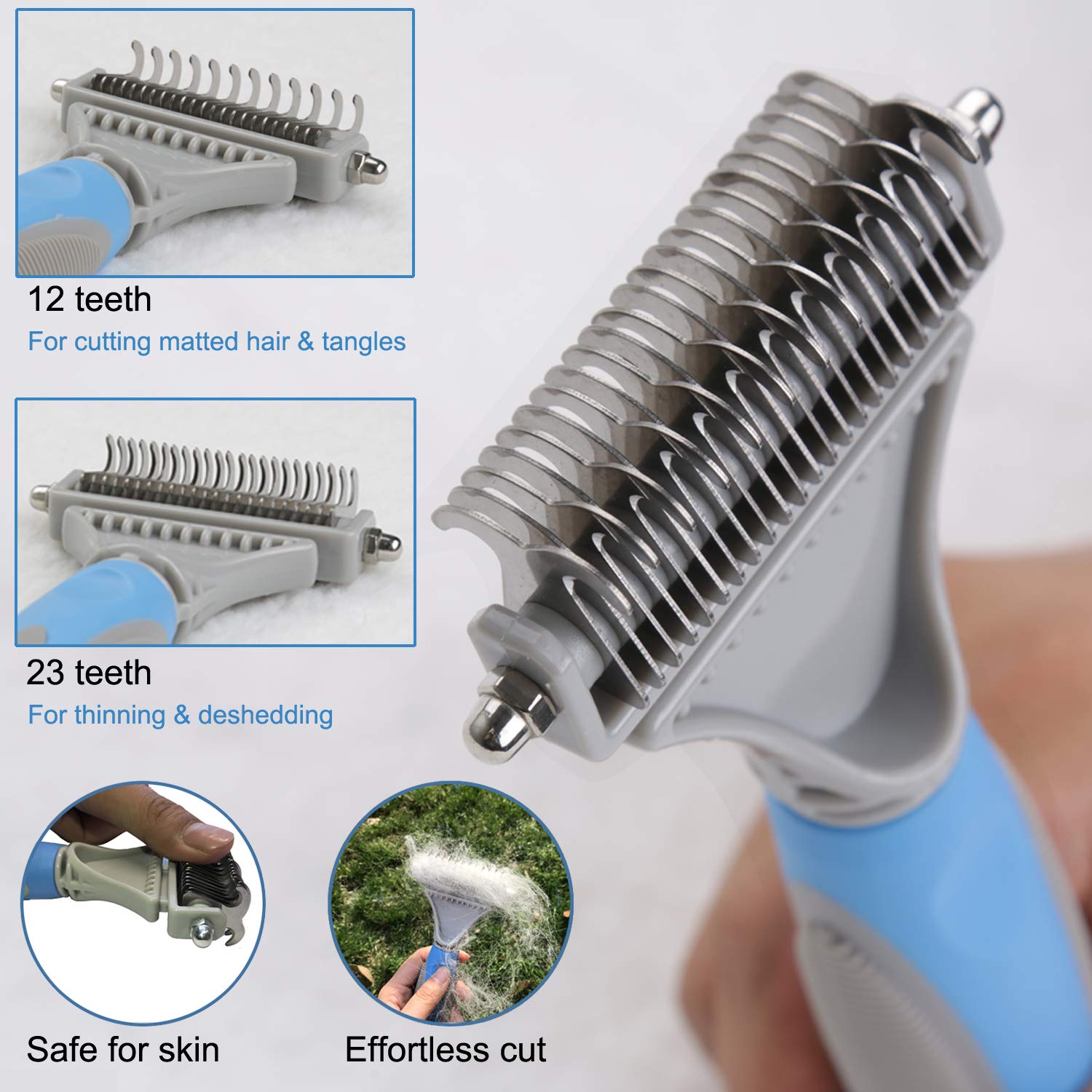 Honguang Pet Dematting Comb - 2 Sided Rake for Medium/Long Haired Cats & Dogs, Metal, Blue - Safe Grooming Tool for Mats & Tangles