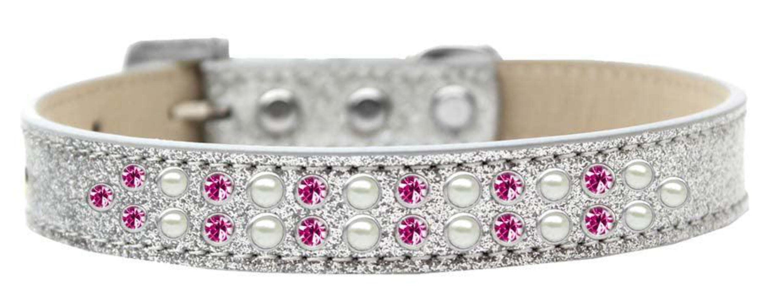 Mirage Pet Products Two Row Pearl and Pink Crystal Ice Cream Dog Collar, Size 12, Silver
