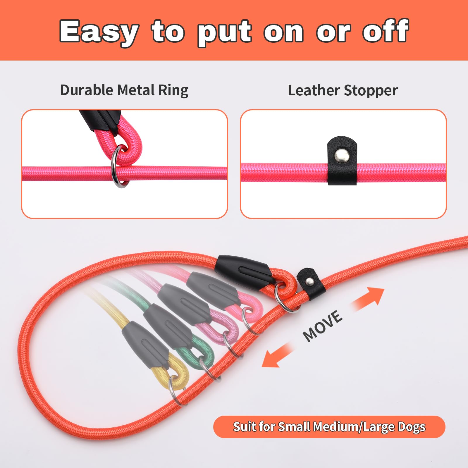 Fovrlzse 3 - Pack Of Super - Strong Slip Lead Dog Leashes: Ideal Training Leashes For All Dog Sizes - Pink, Orange & Blue! Perfe