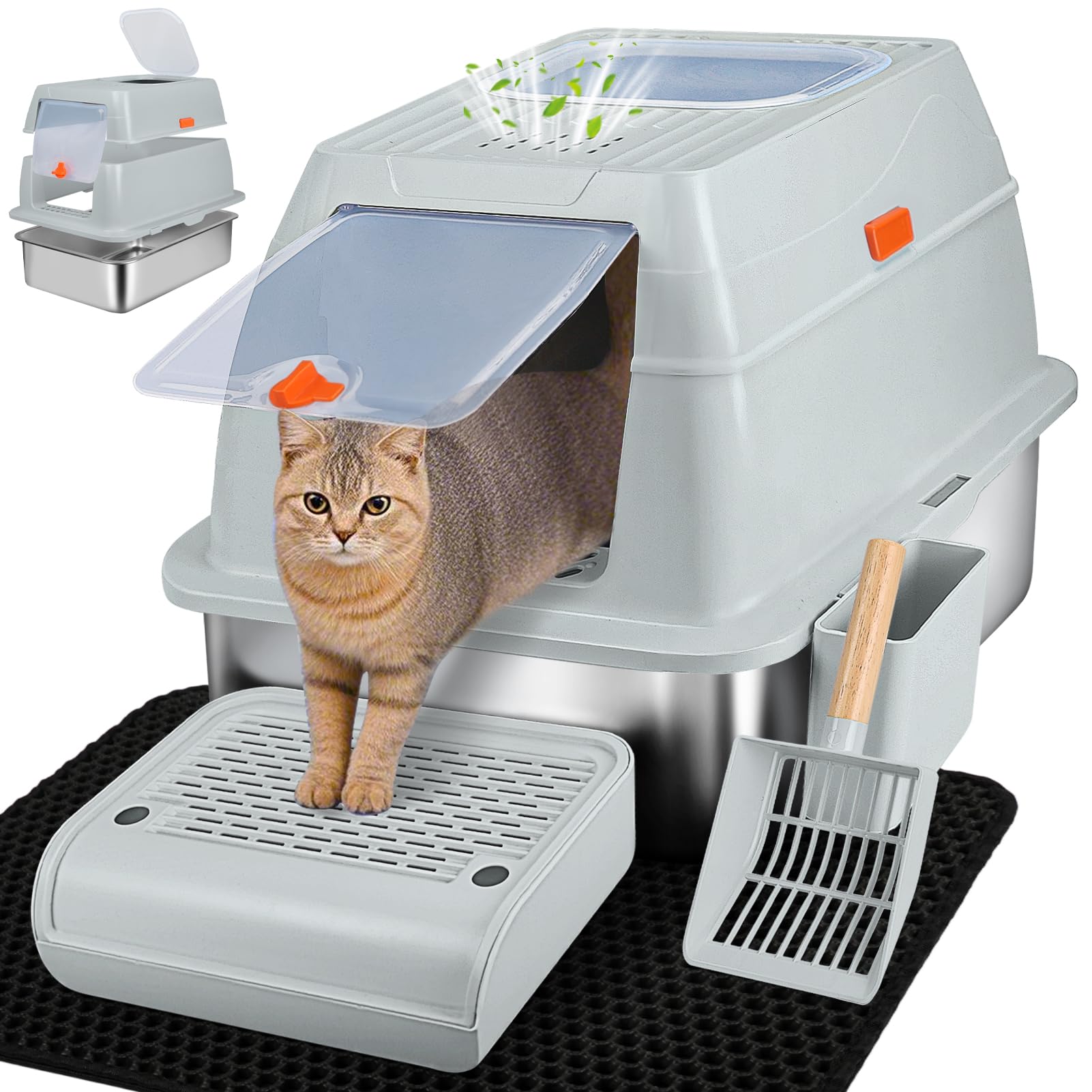 Vivifying Stainless Steel Litter Box With Lid, Xl Front Entry Enclosed Extra Large Litter Box For Big Cats & Kitty, Top Exit Met