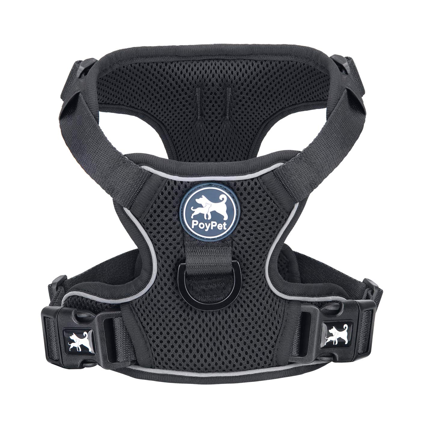Poypet Reflective Soft Breathable Mesh Dog Harness Choke-Free Double Padded Vest With Adjustable Neck And Chest(Black,L)