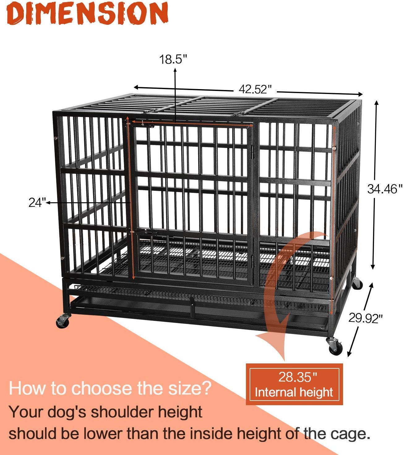LEMBERI Heavy Duty Indestructible Dog Crate, Escape Proof with Lockable Wheels, 42 inch Alloy Steel, Black, Extra Large for Large Dogs