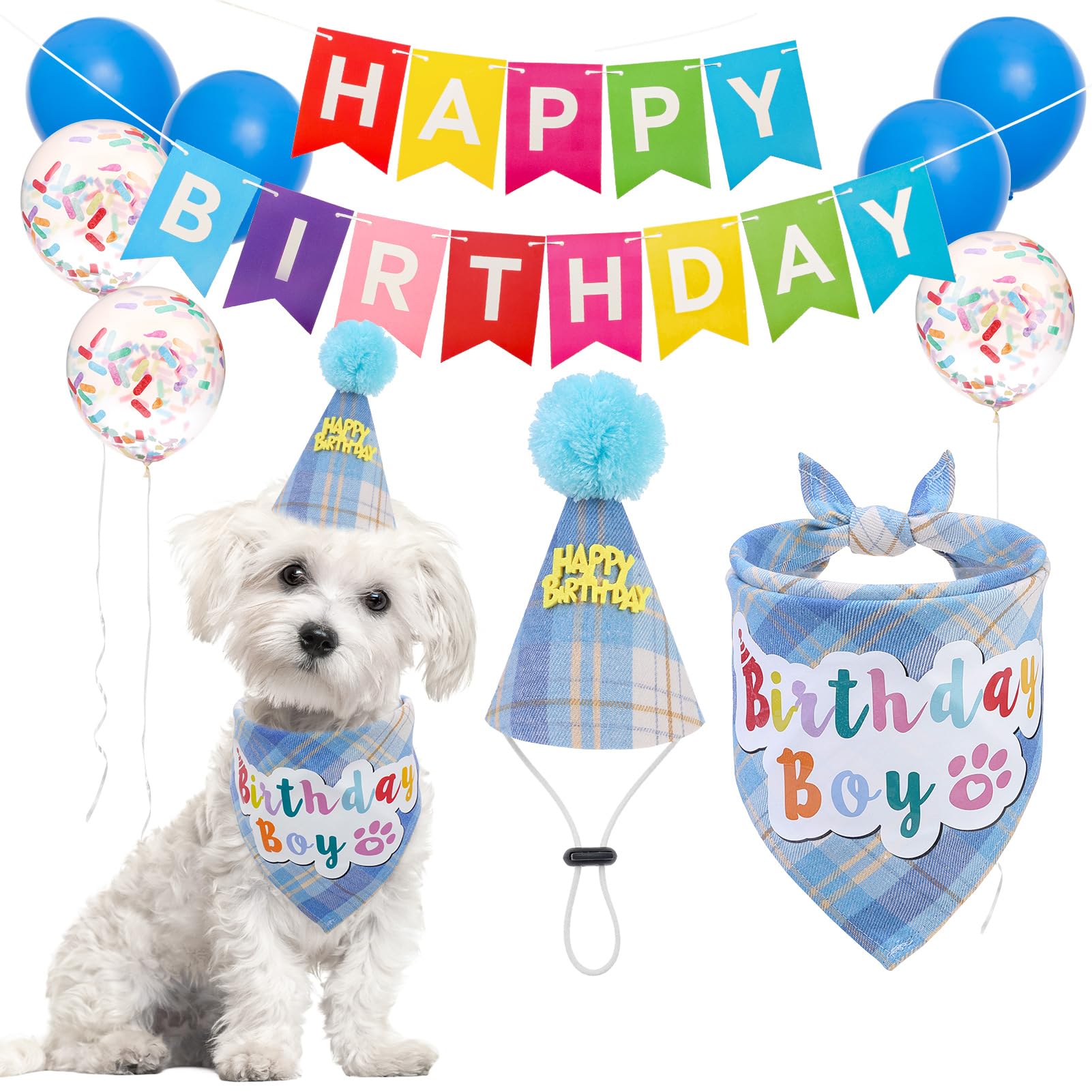 SCENEREAL Dog Birthday Bandana Hat Set, Puppy Birthday Party Supplies for Boys Dogs, Pet Birthday Scarf Outfit with Sign Banner 