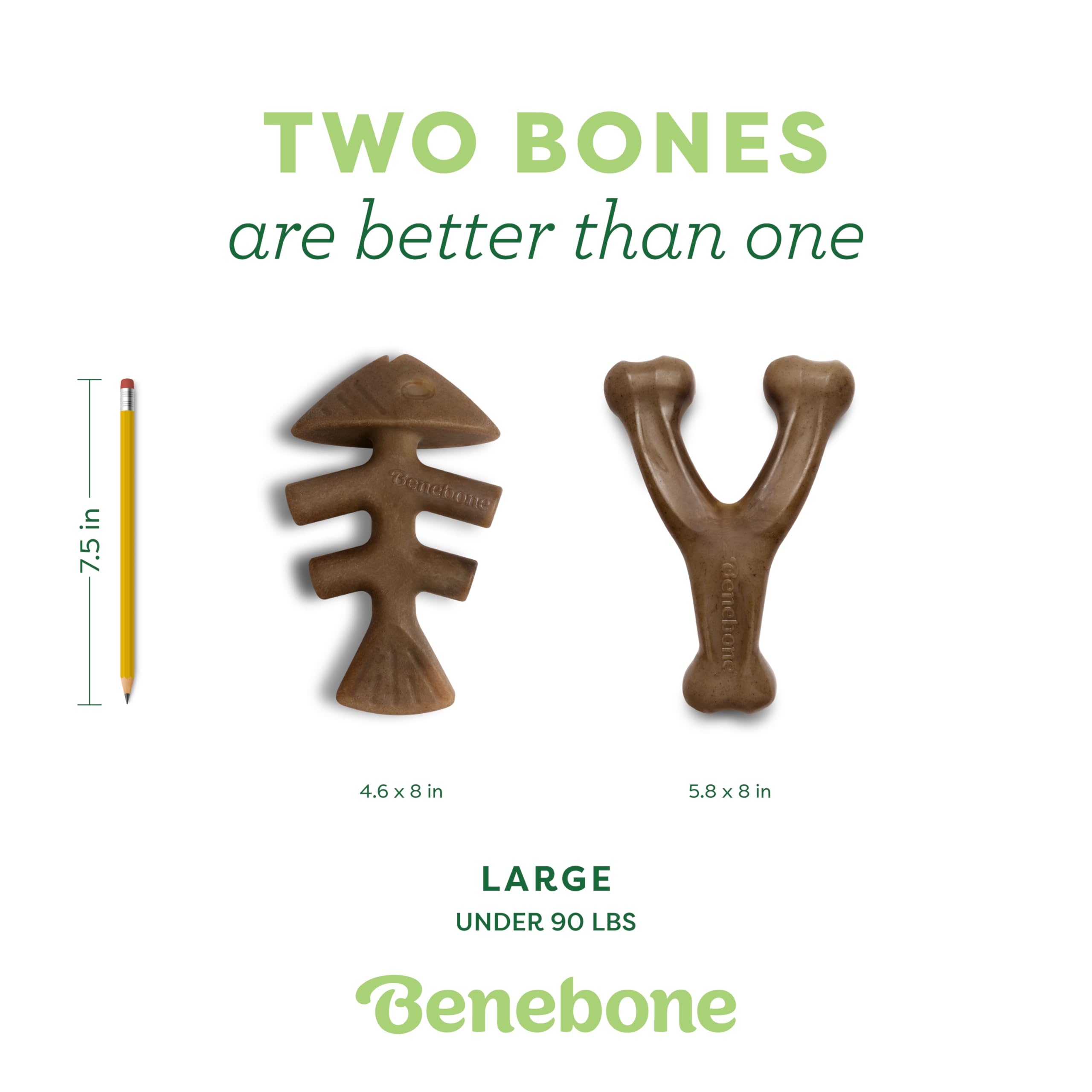 Benebone 2-Pack Fishbone/Wishbone Durable Dog Chew Toys, Real Fish, Real Bacon, Made In Usa, Large