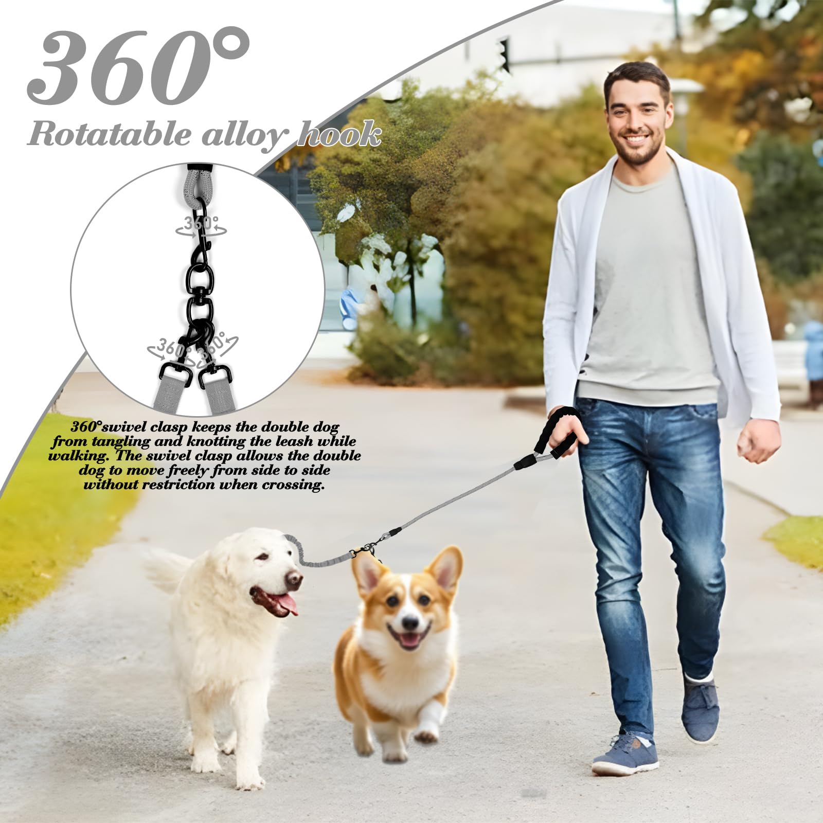Dog Double Leashes,Rope Bungee Dual Leash With Padded Handle Removable For 2 Dogs,Tangle-Free, Padded Handles, 360 Swivel Contro