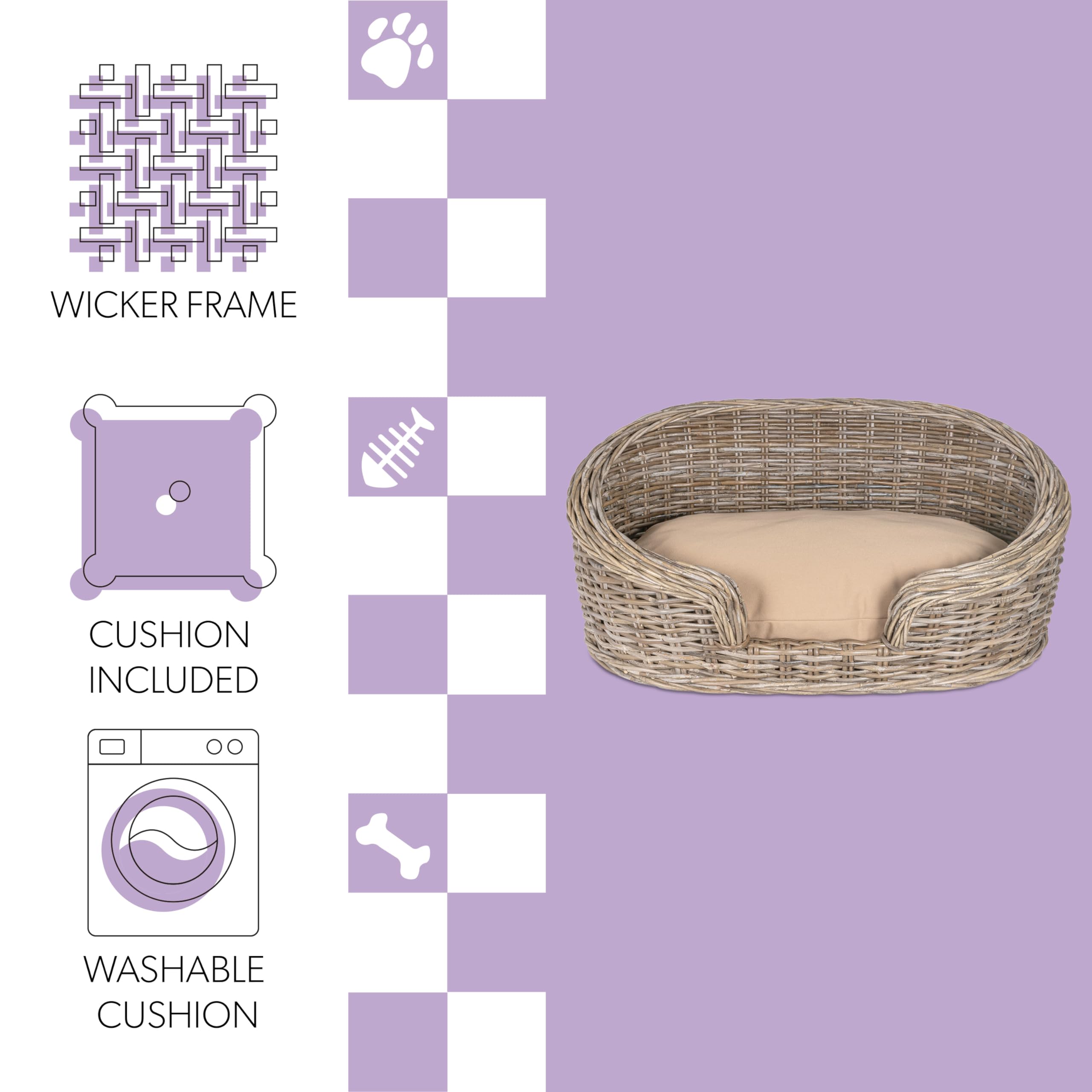The LICKER Store DBD1001A Curvy 33 x 21.25 Classic Handwoven Rattan Dog Bed with Machine-Washable Cushion, Kubu Gray