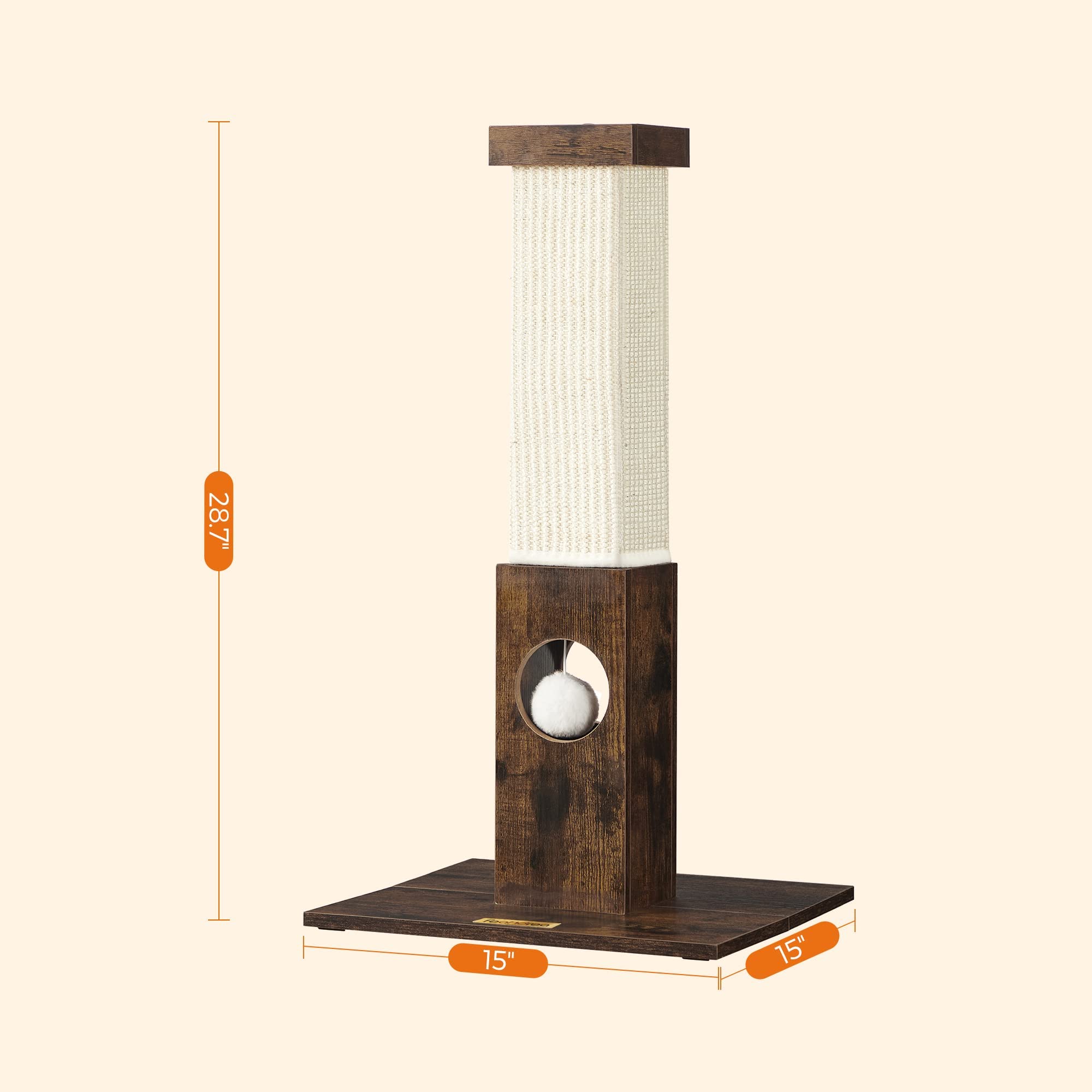 Feandrea Cat Scratching Post, Cat Scratcher For Indoor Cats, 28.7 Inches Tall, Furniture Scratching Deterrent Sisal Scratch Pole With Toy, Rustic Brown Upca021X01