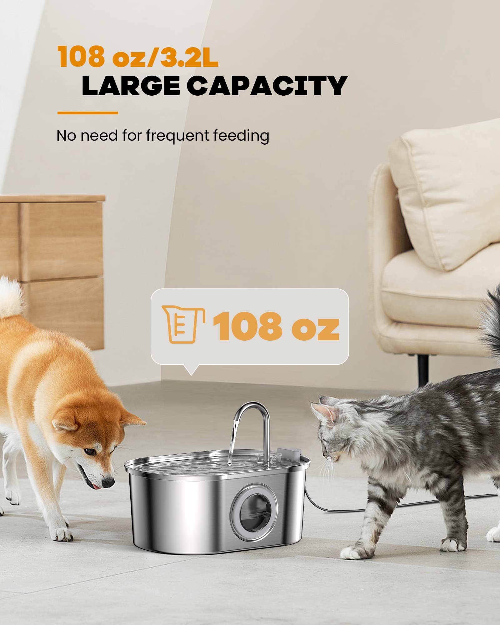 Cat Water Fountain Stainless Steel: 108Oz/3.2L Pet Water Fountain - Water Fountain For Cats Inside With Water Level Window - Faucet Cat Fountain - Quiet Pump - For Dogs And Cats - Soofpet