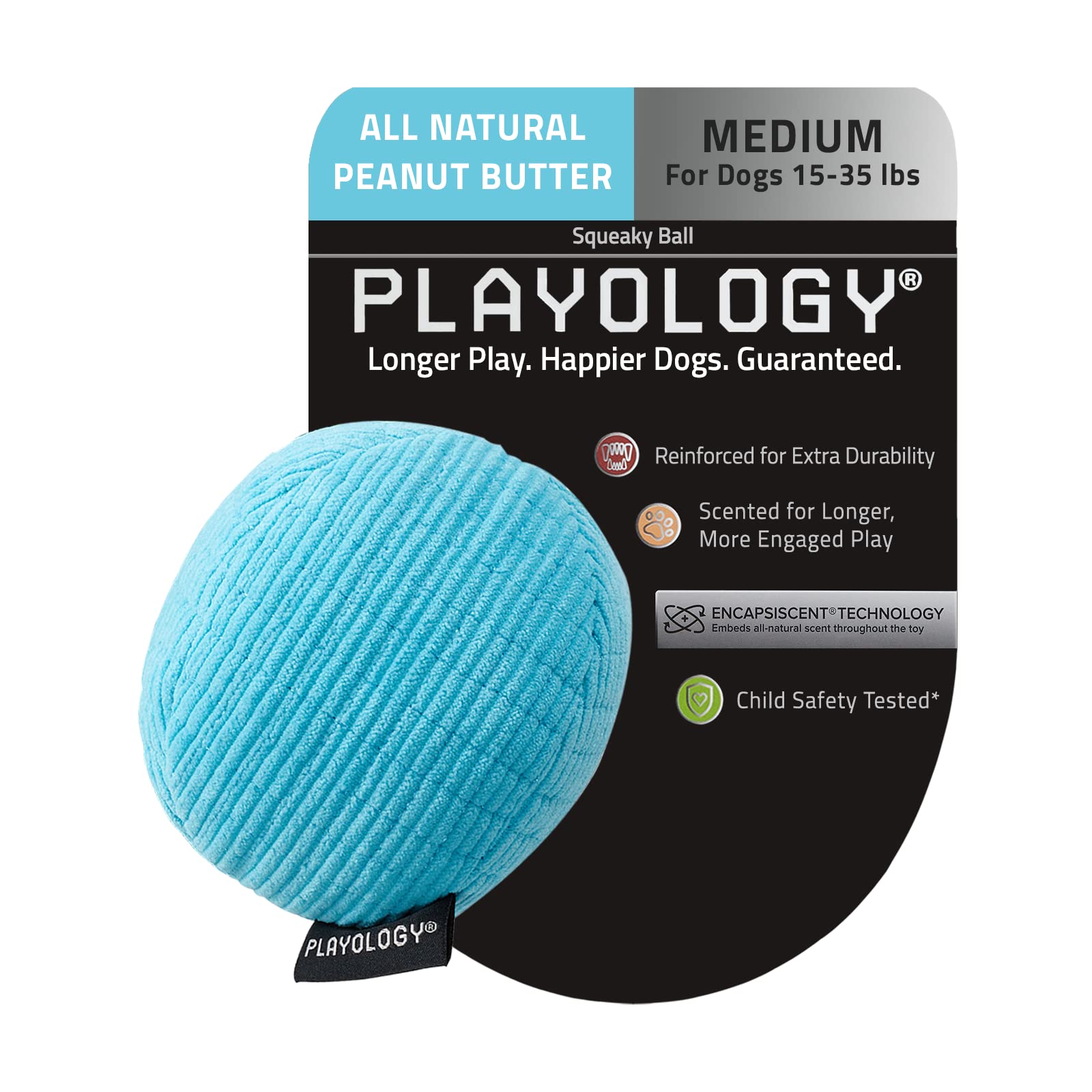 Playology Plush Squeaky Ball Dog Toy- Medium Dog Breeds (15-35 Lbs)- Engaging All-Natural Peanut Butter Scent