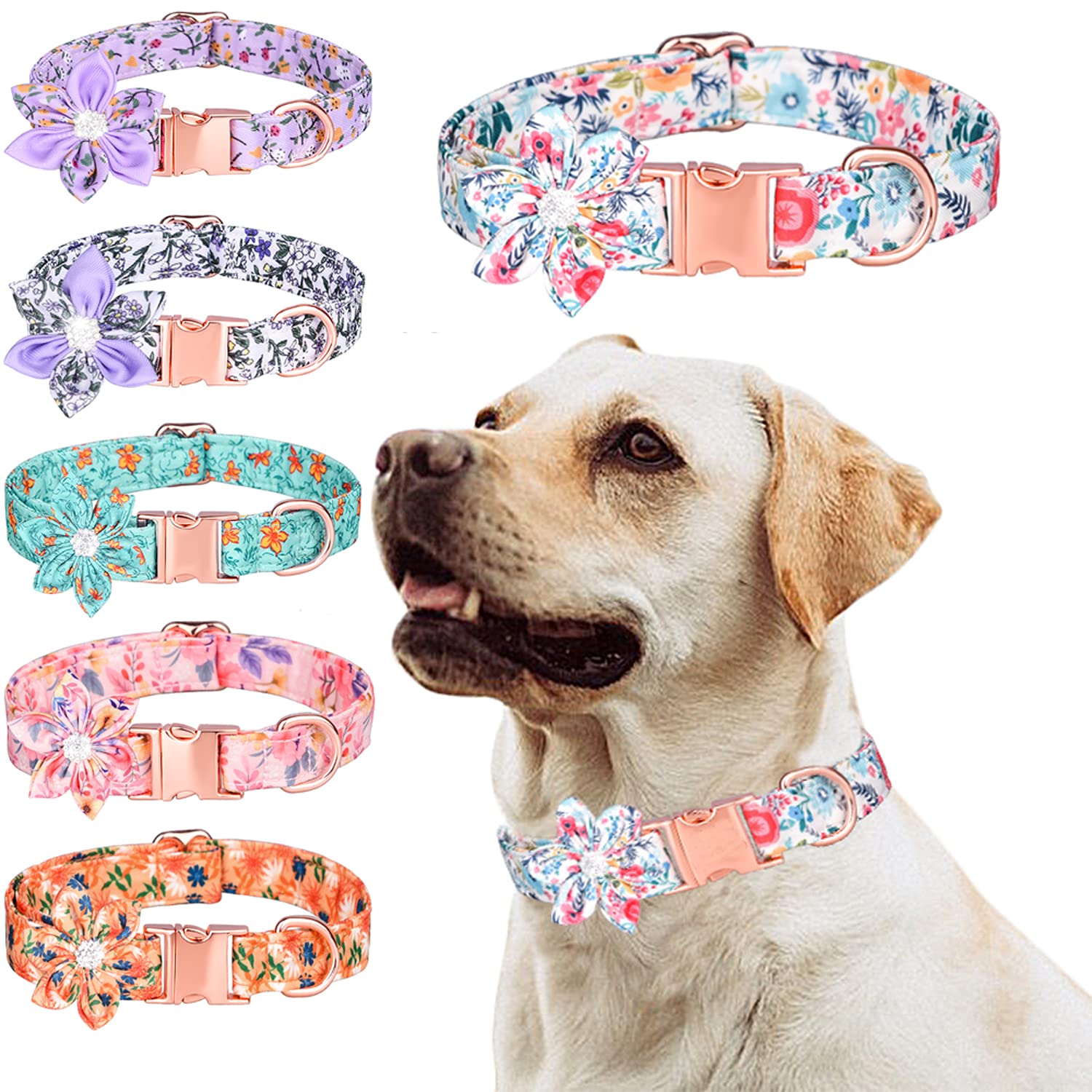 Serijoars Cute Girl Dog Collars For Small Medium Large Dogs, Floral Patterns Female Dog Collar With Detachable Rhinestone Flower