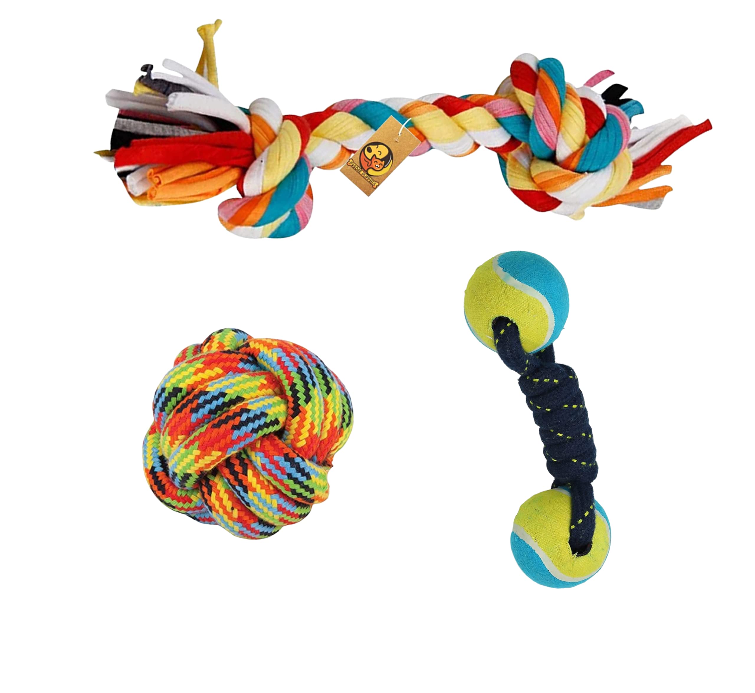 Foodie Puppies Dog Chew Rope Toys 3In1 Combo For Small Dogs & Puppies (2Knot Rope, Dual Tennis & Ball Design) | Knotted Chew 