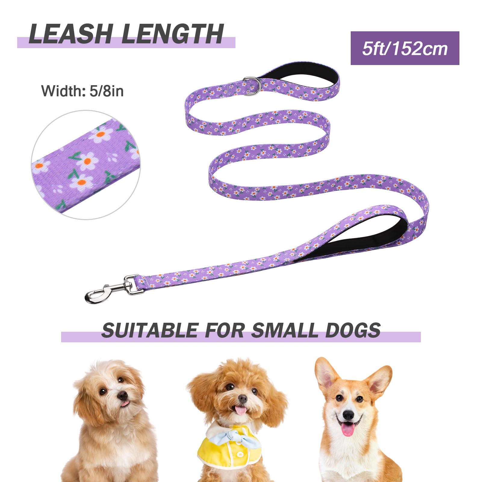 Hikiko Cute Girl Double Handle Dog Leash 5 Foot Padded Traffic Handles For Walking Training (Purple Floral, 5Ft)
